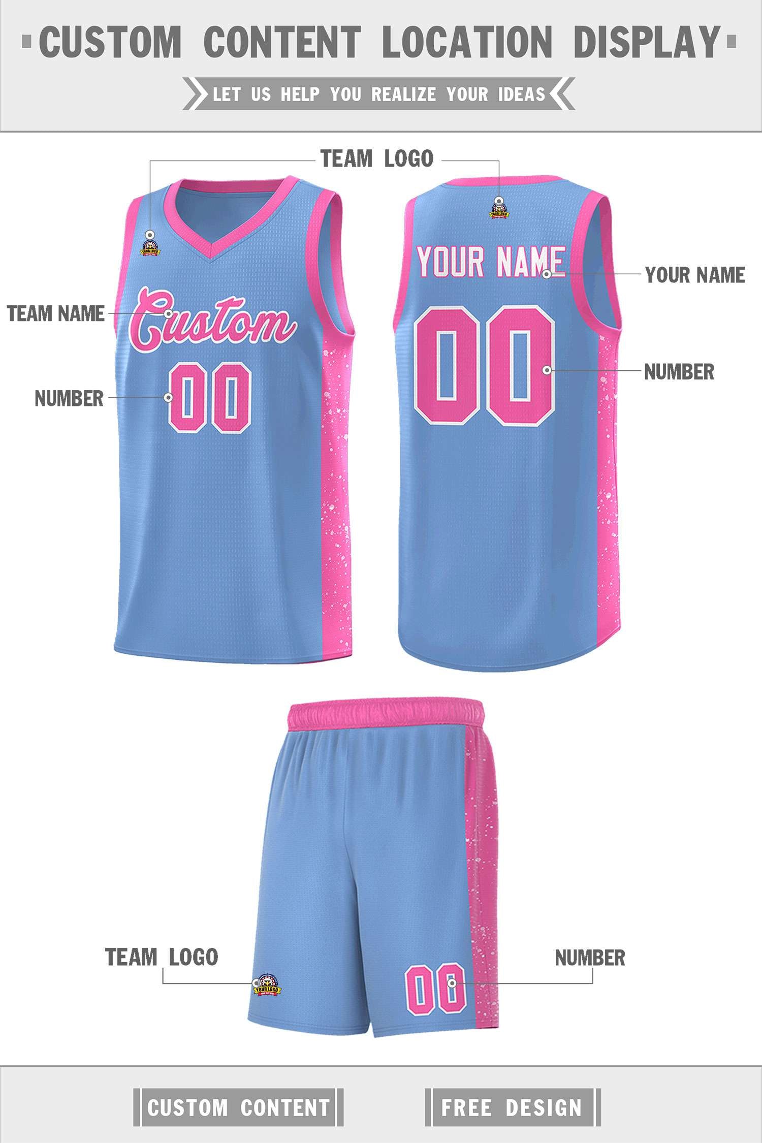 Custom Light Blue Pink-White Side Splash Sports Uniform Basketball Jersey