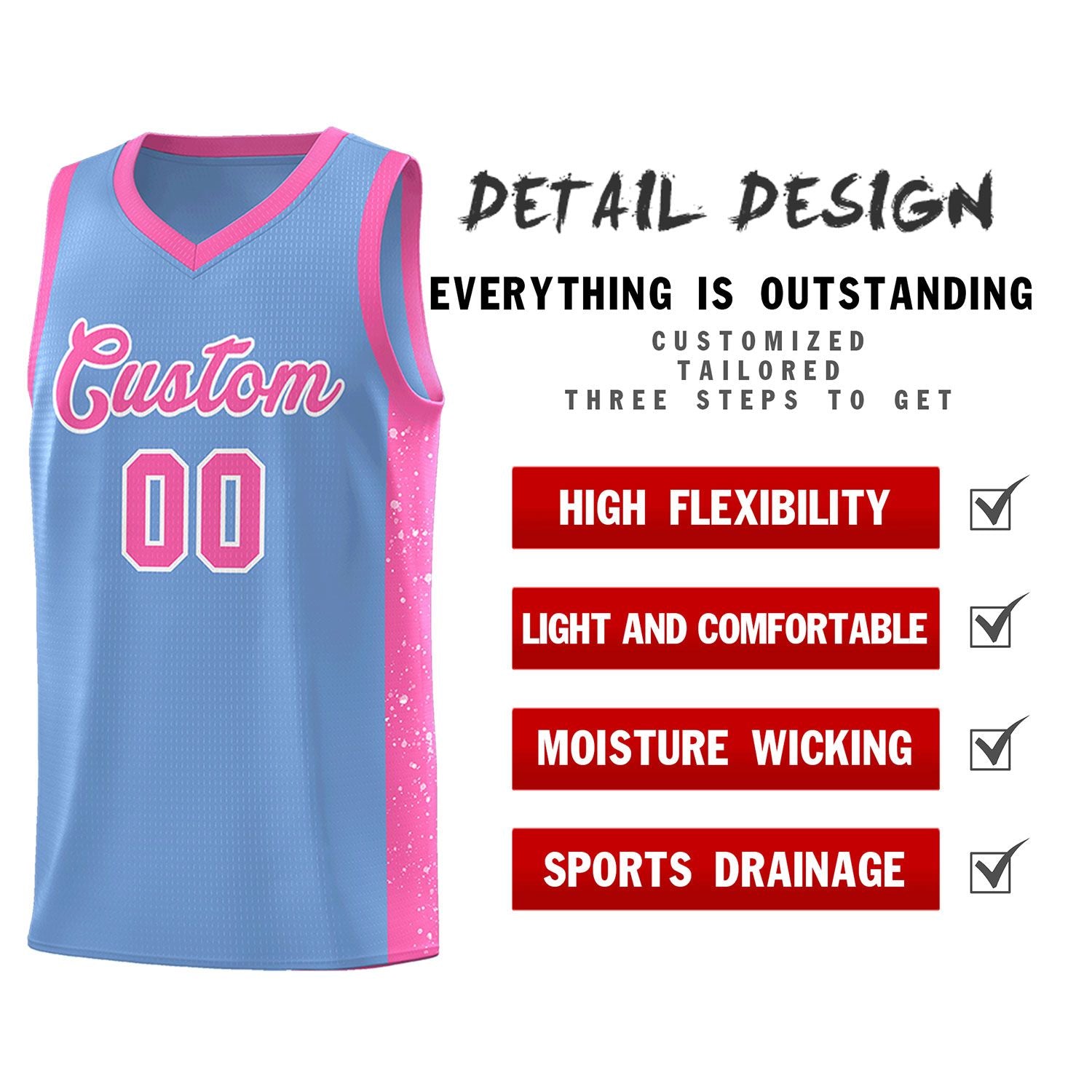 Custom Light Blue Pink-White Side Splash Sports Uniform Basketball Jersey