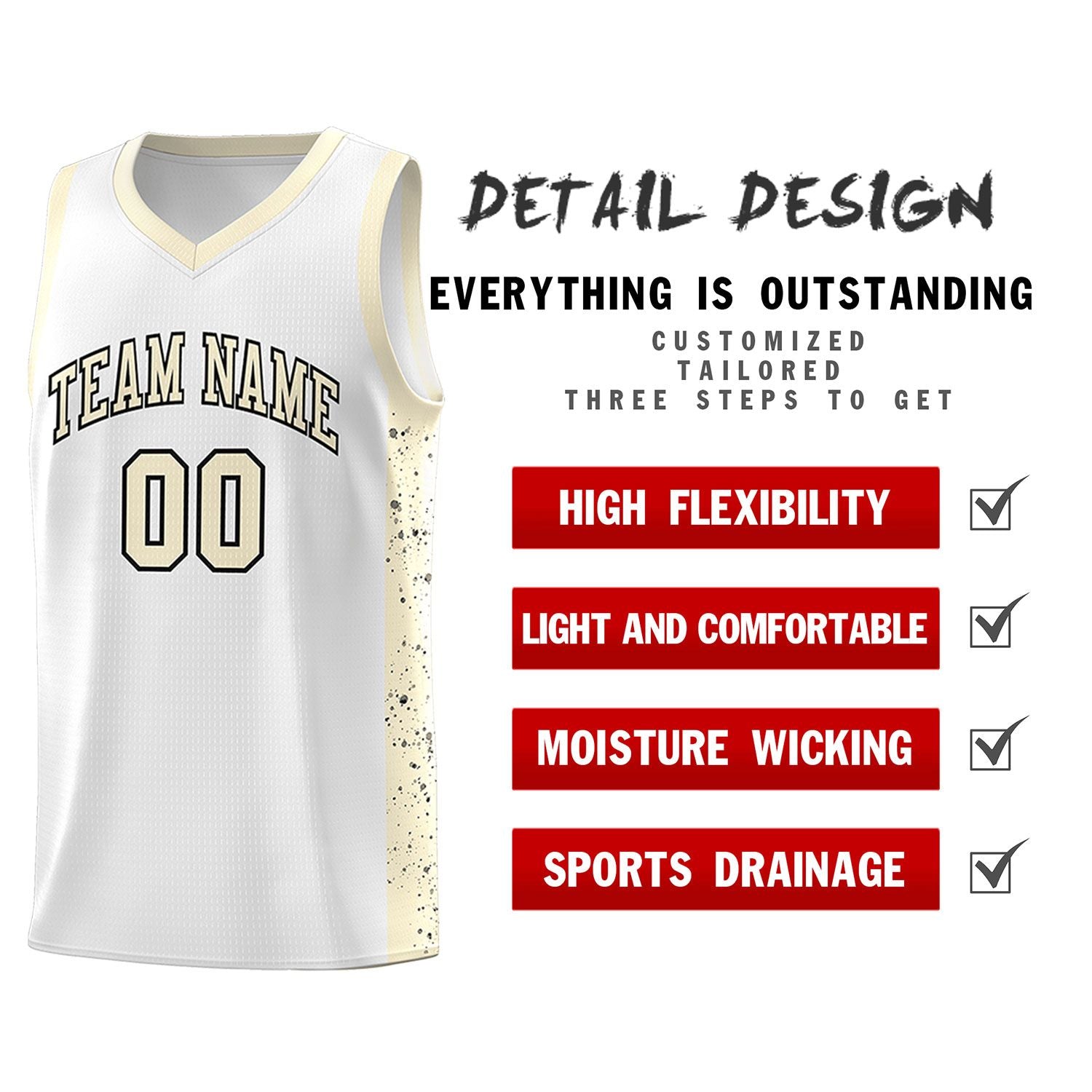 Custom White Cream-Black Red Side Splash Sports Uniform Basketball Jersey