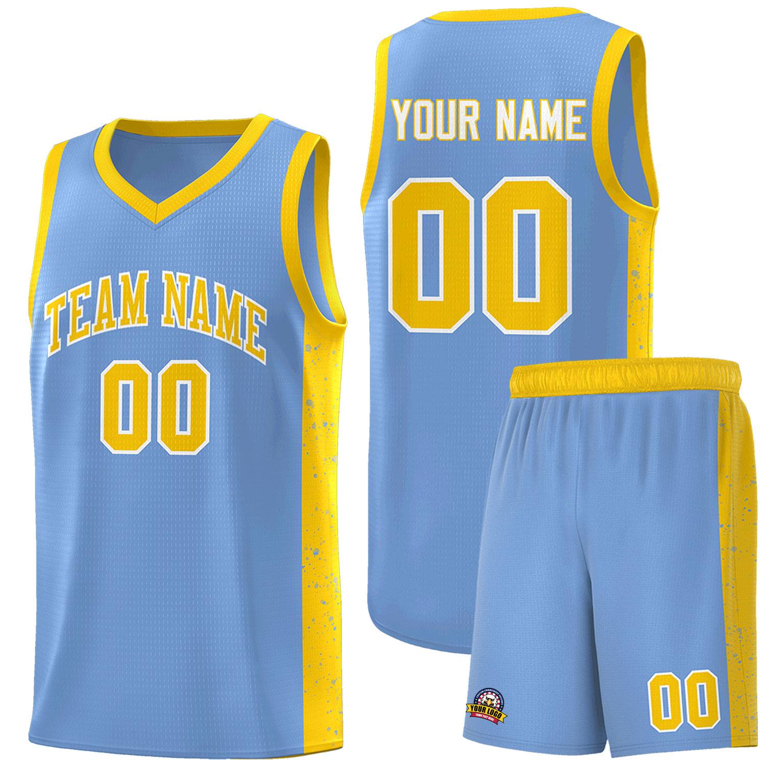 Custom Light Blue Gold-White Side Splash Sports Uniform Basketball Jersey