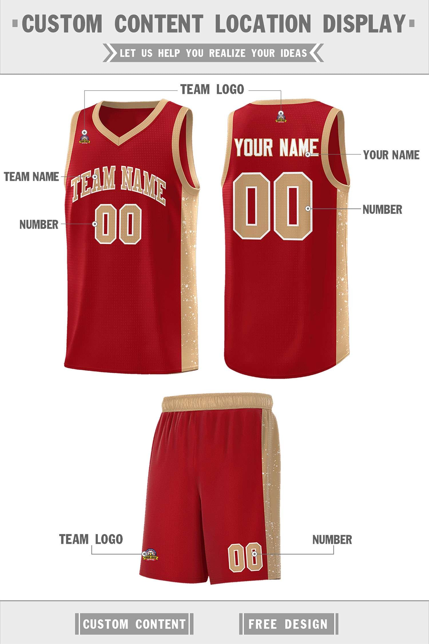 Custom Red Old Gold-White Side Splash Sports Uniform Basketball Jersey