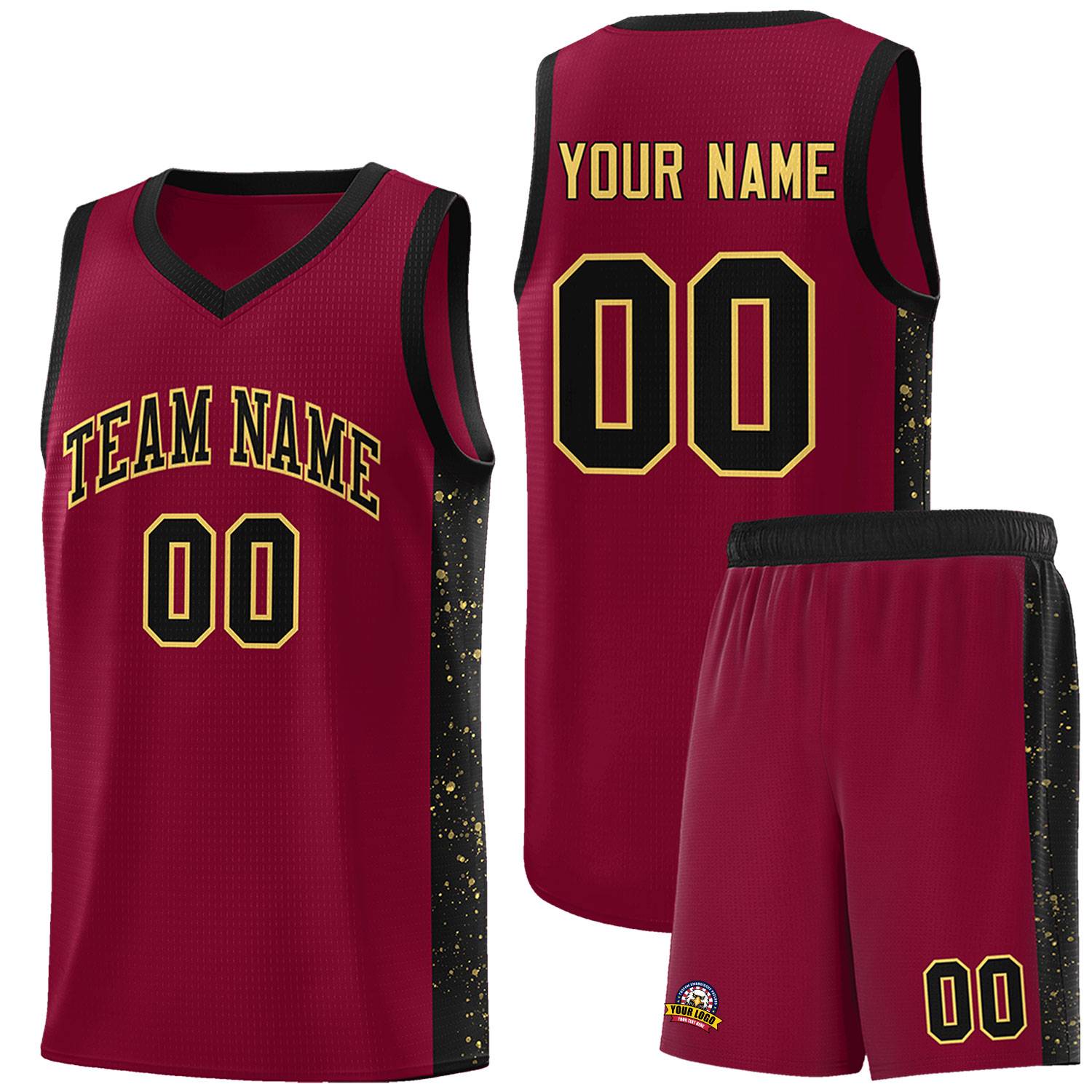 Custom Crimson Black-Khaki Side Splash Sports Uniform Basketball Jersey