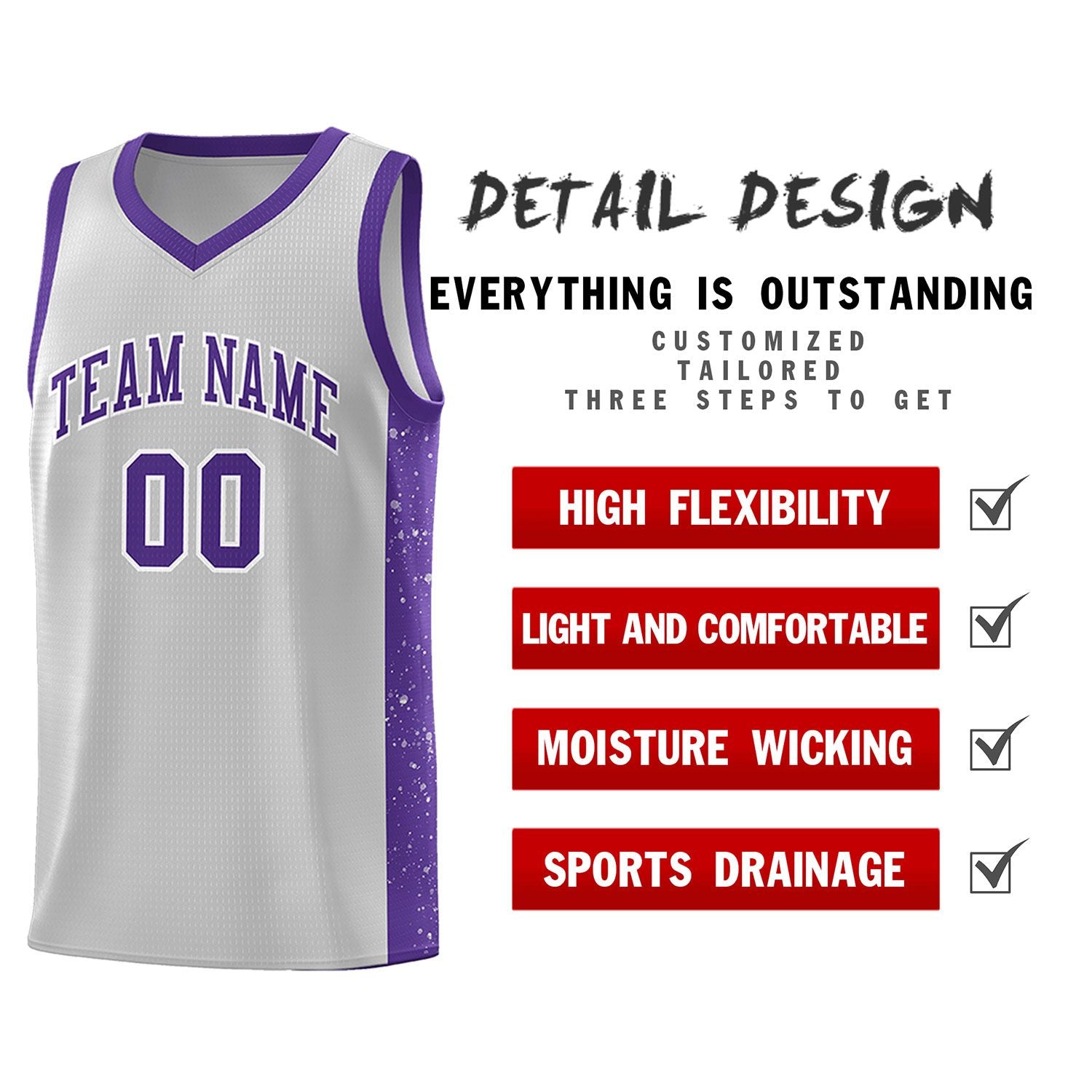 Custom Gray Purple-White Side Splash Sports Uniform Basketball Jersey