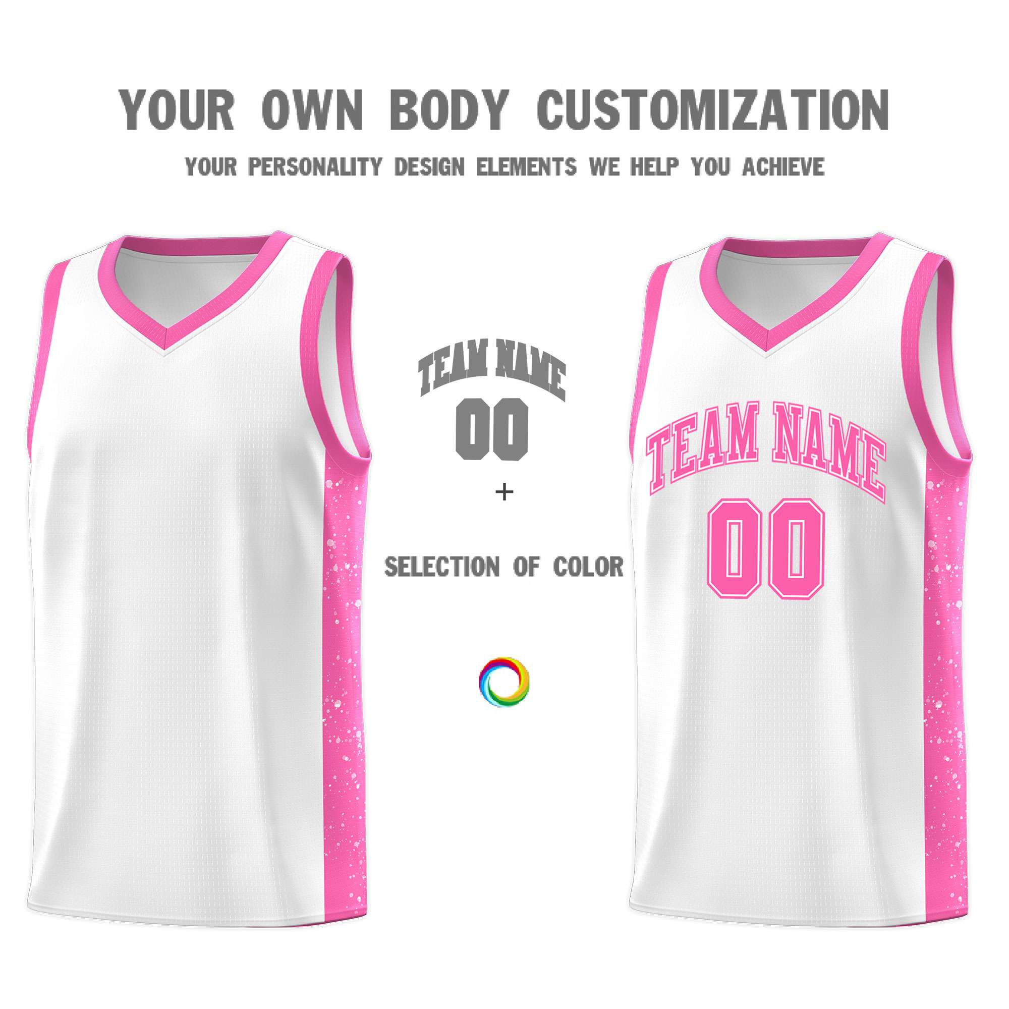 Custom White Pink Side Splash Sports Uniform Basketball Jersey