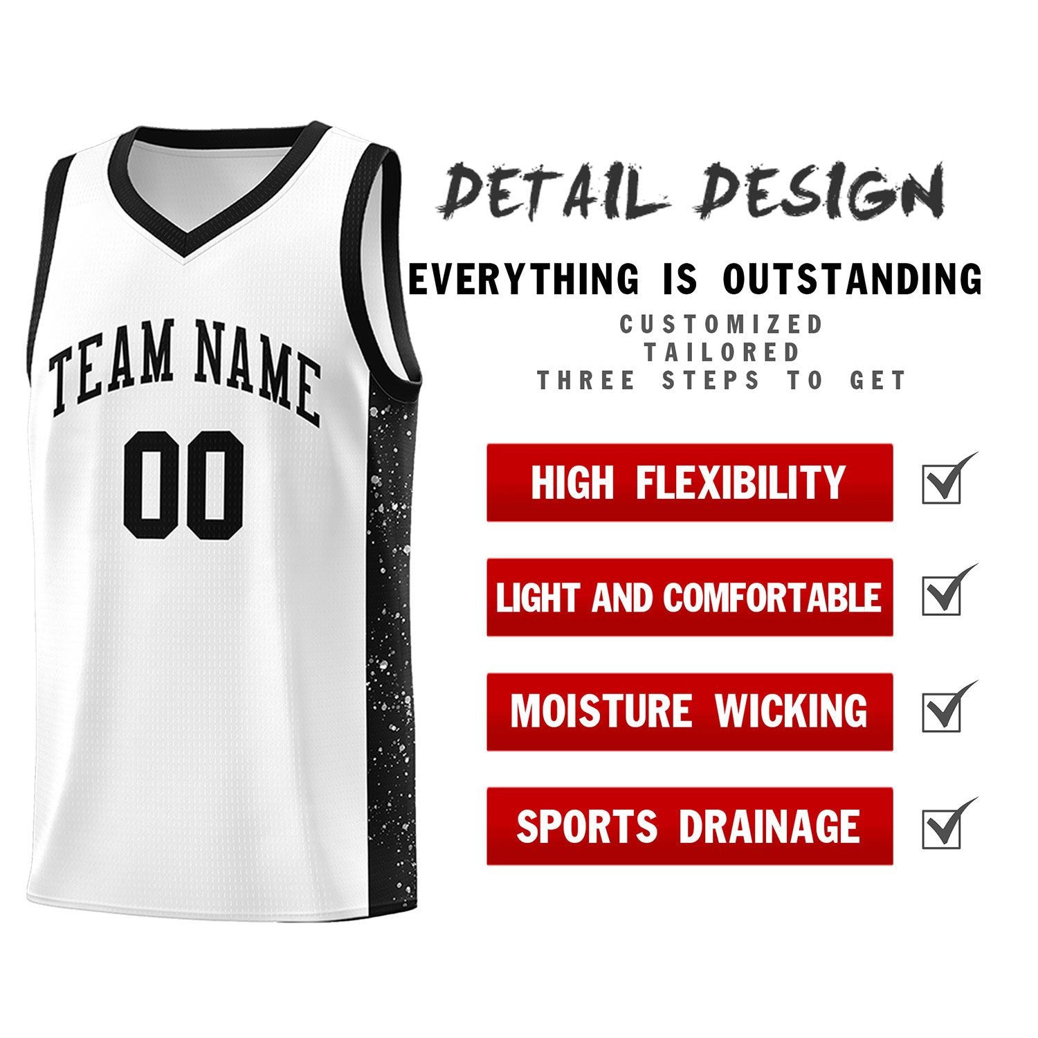 Custom White Black Side Splash Sports Uniform Basketball Jersey