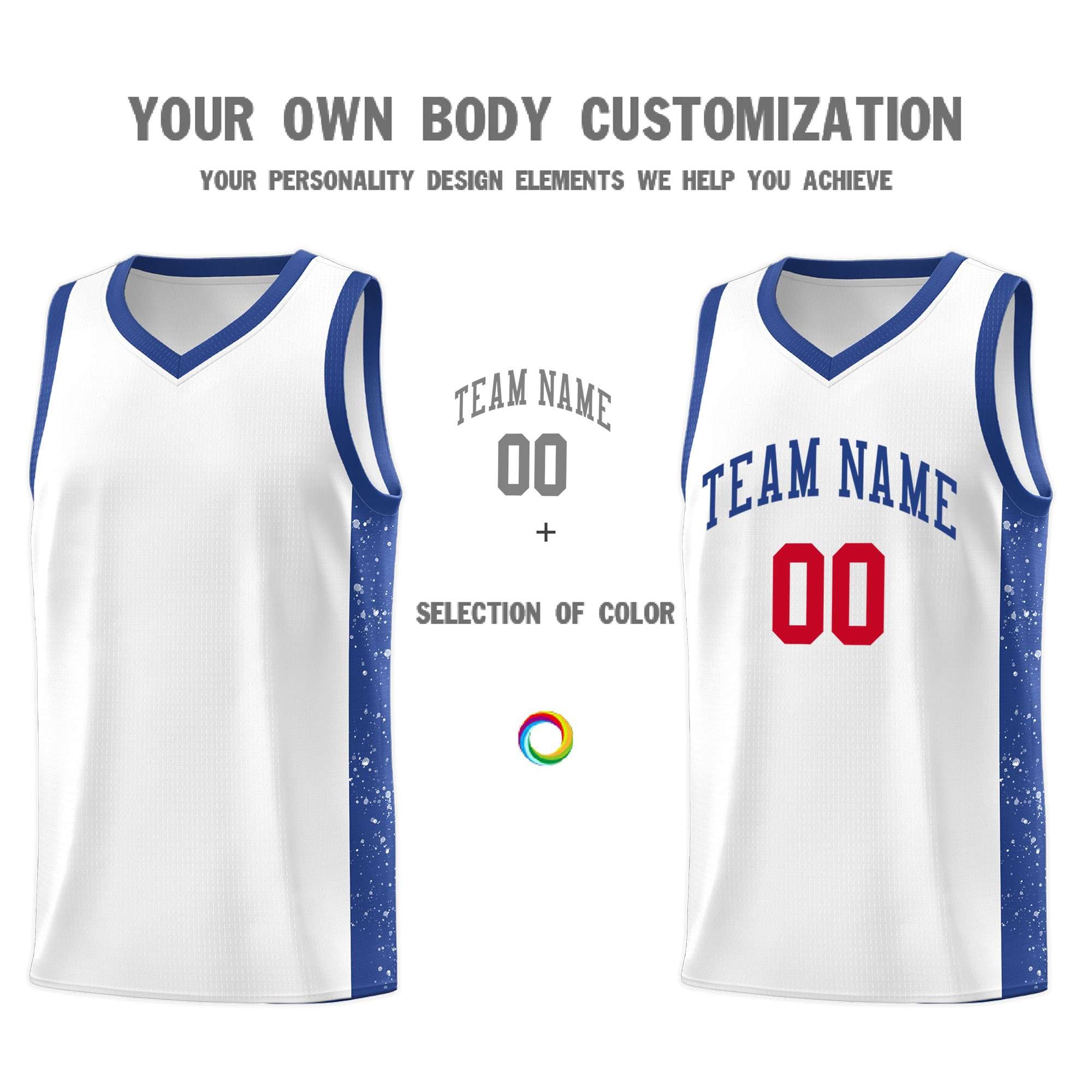 Custom White Royal Side Splash Sports Uniform Basketball Jersey