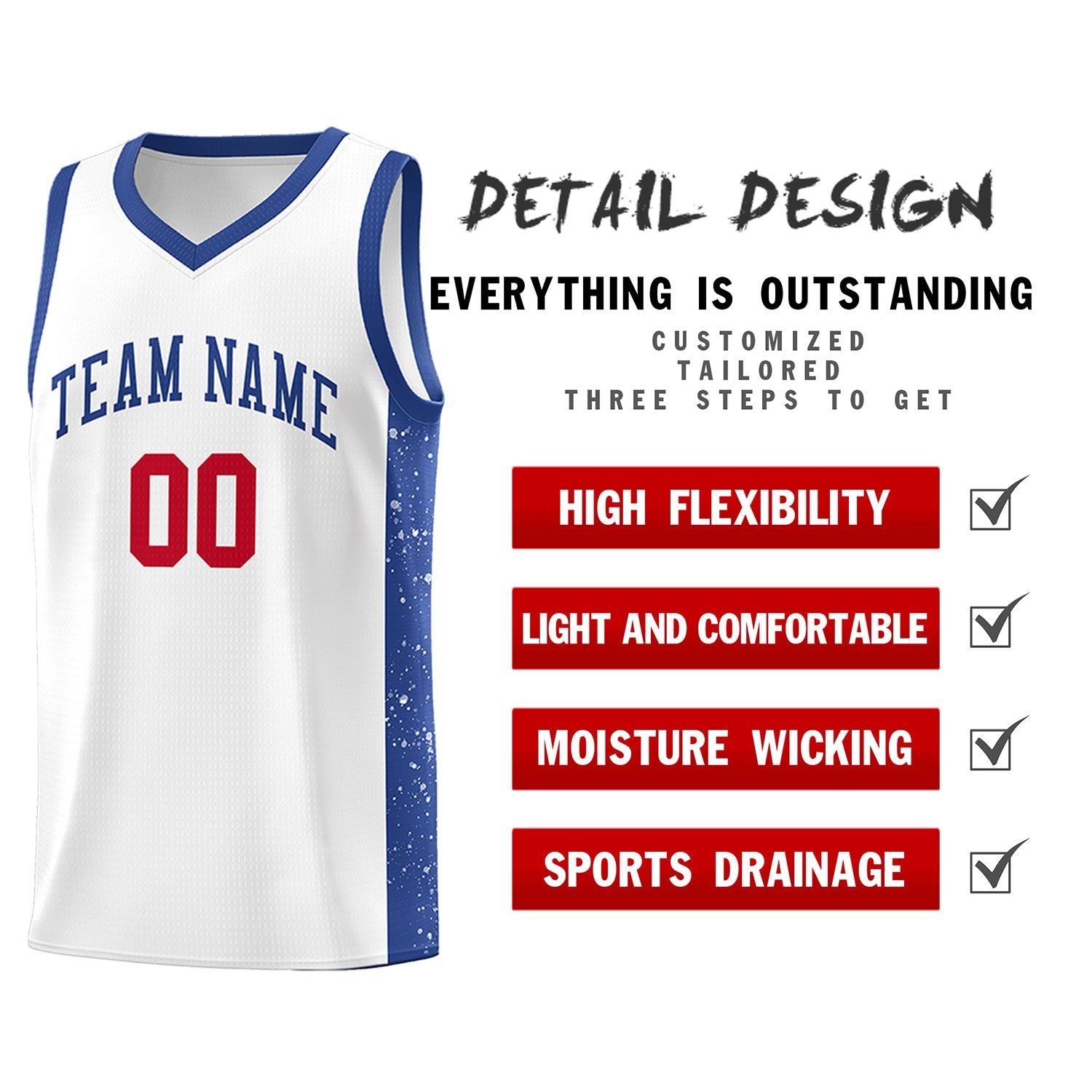 Custom White Royal Side Splash Sports Uniform Basketball Jersey