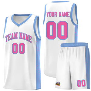 Custom White Pink-Light Blue Side Splash Sports Uniform Basketball Jersey