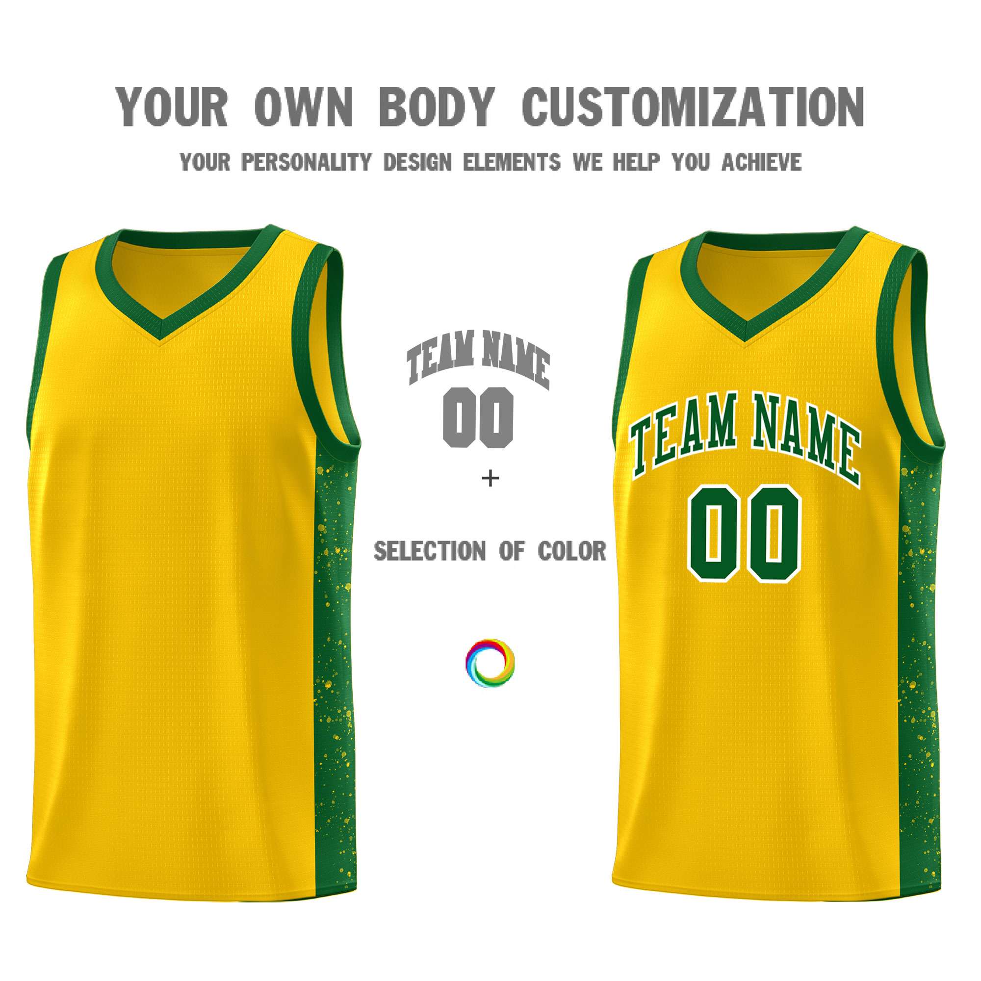 Custom Gold Green-White Side Splash Sports Uniform Basketball Jersey