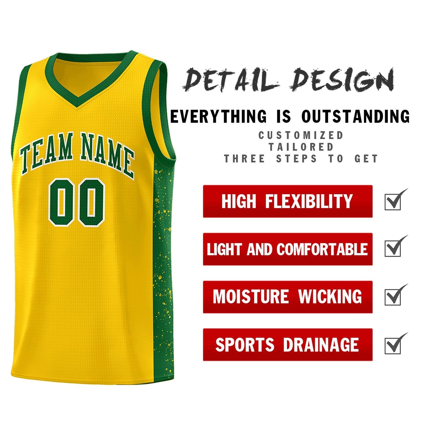 Custom Gold Green-White Side Splash Sports Uniform Basketball Jersey