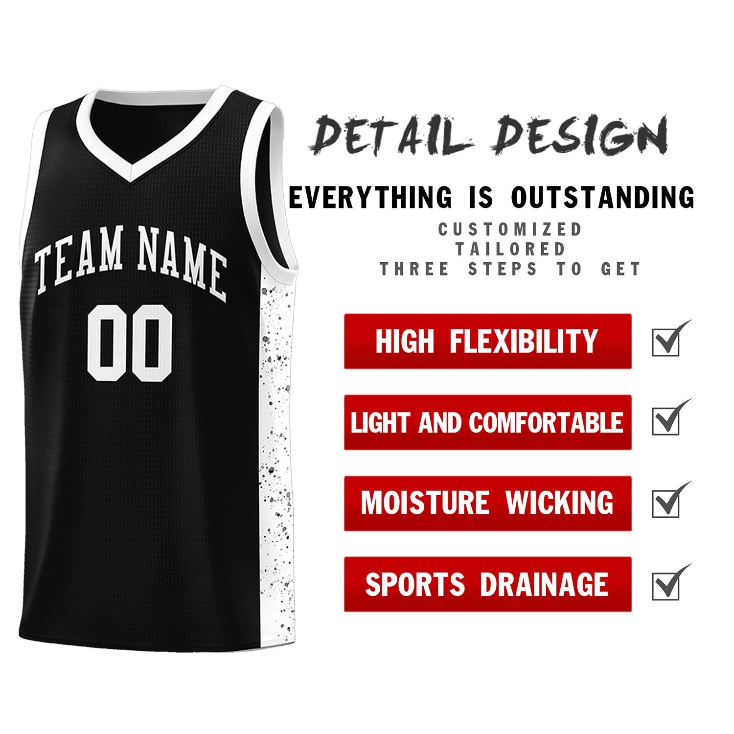 Custom Black White Side Splash Sports Uniform Basketball Jersey