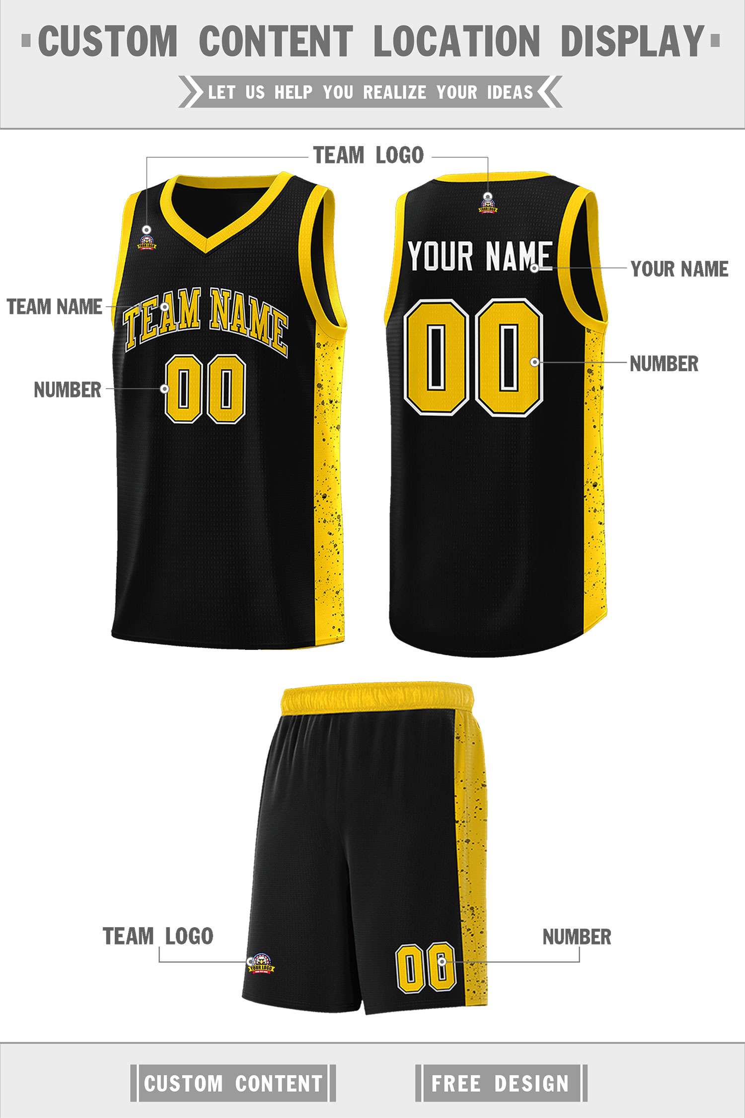 Custom Black Gold Side Splash Sports Uniform Basketball Jersey