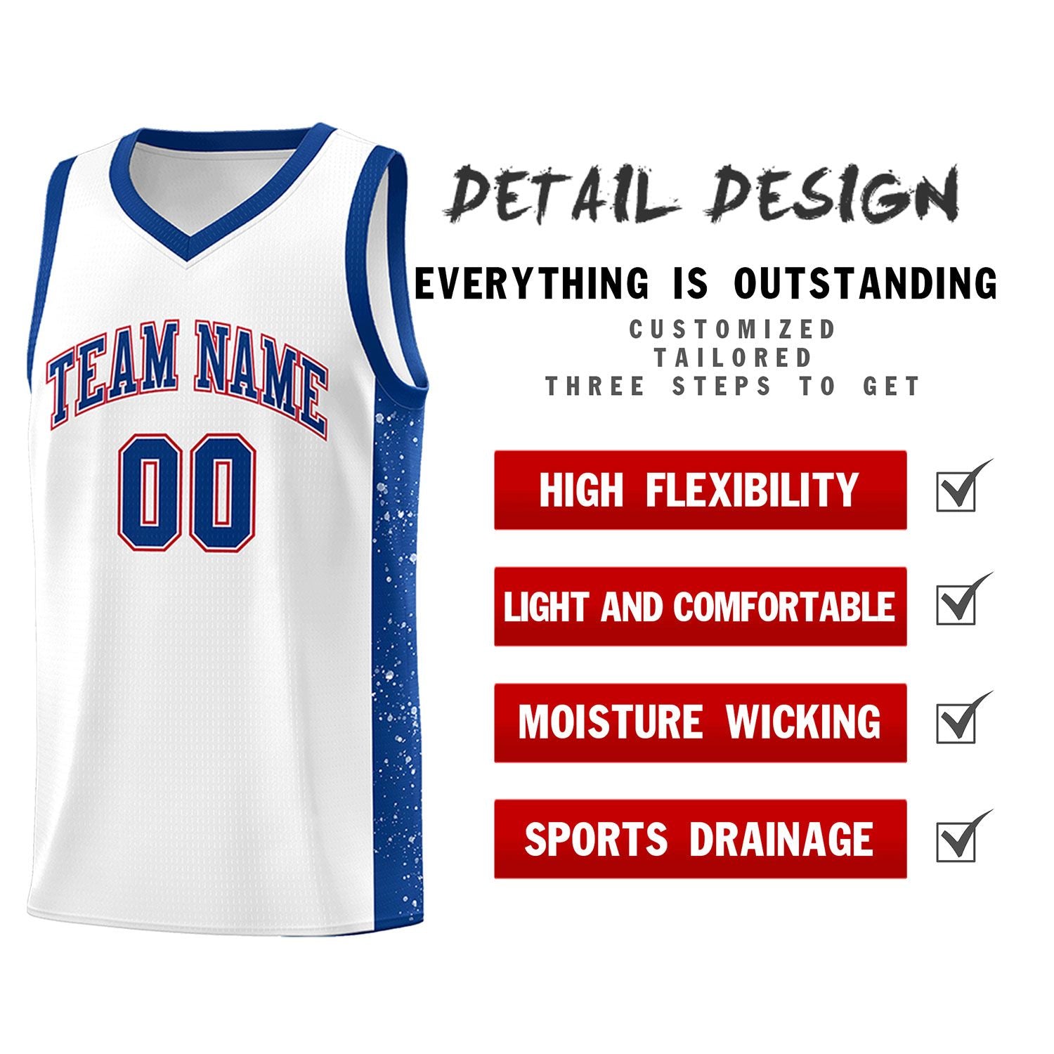 Custom White Royal Side Splash Sports Uniform Basketball Jersey