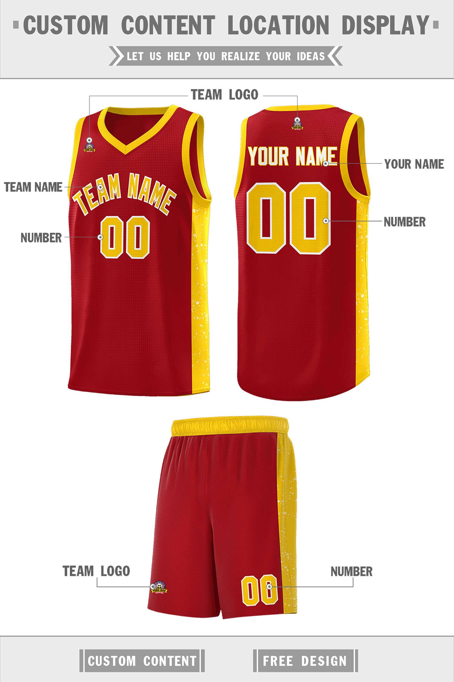 Custom Red Gold-White Side Splash Sports Uniform Basketball Jersey