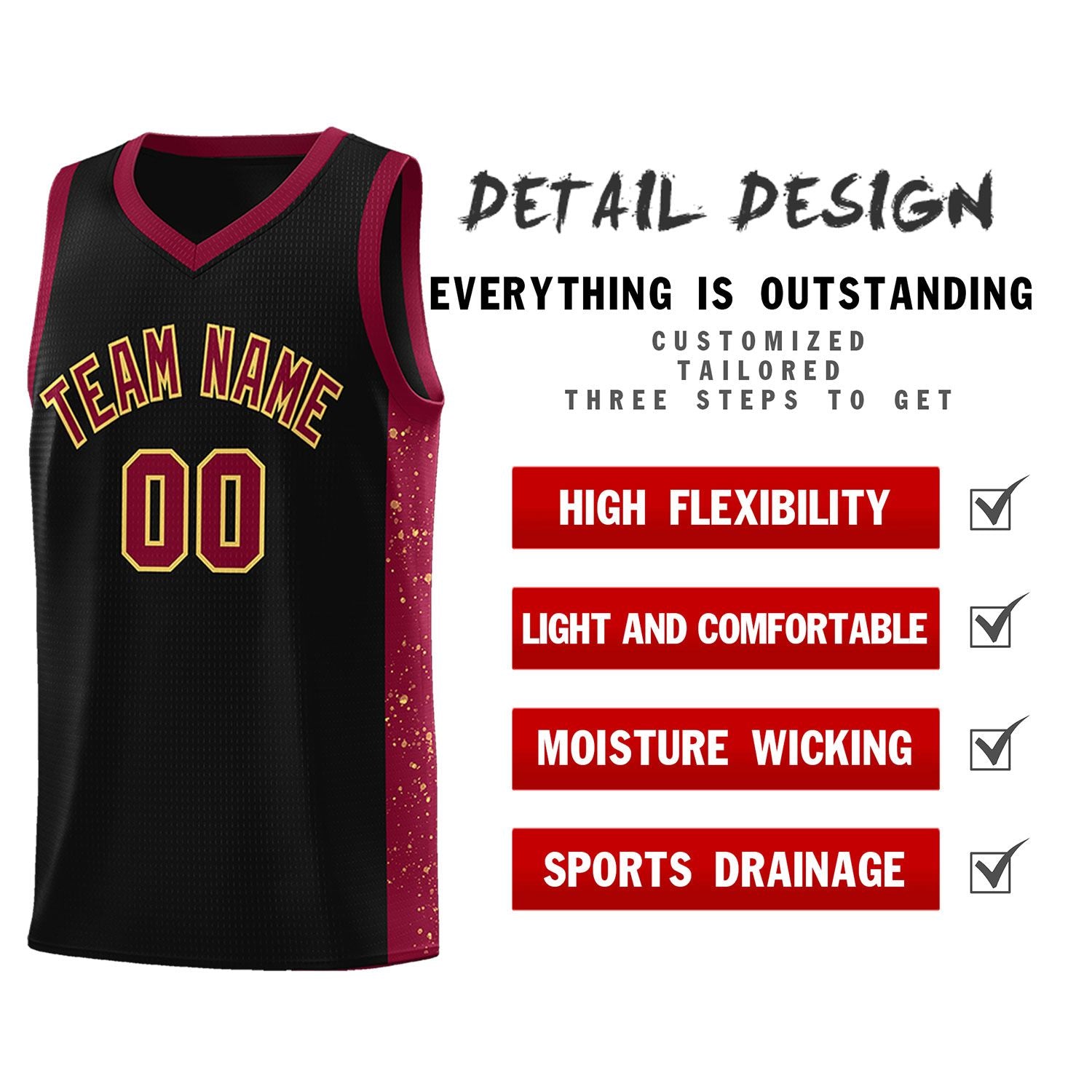 Custom Black Crimson-Khaki Side Splash Sports Uniform Basketball Jersey