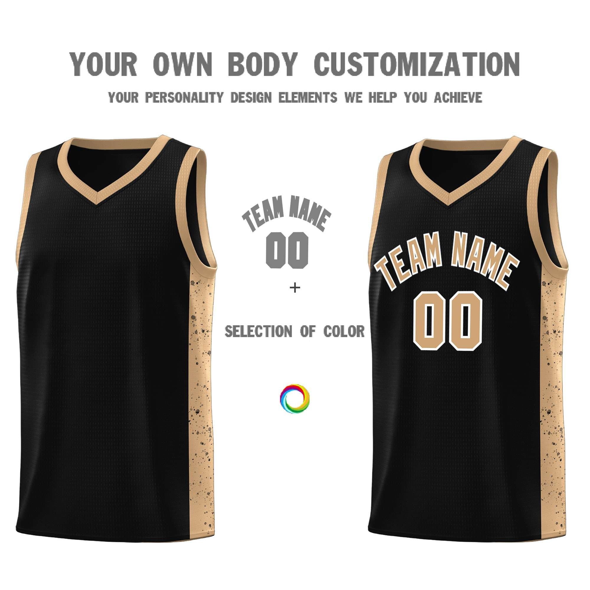 Custom Black Old Gold-White Side Splash Sports Uniform Basketball Jersey