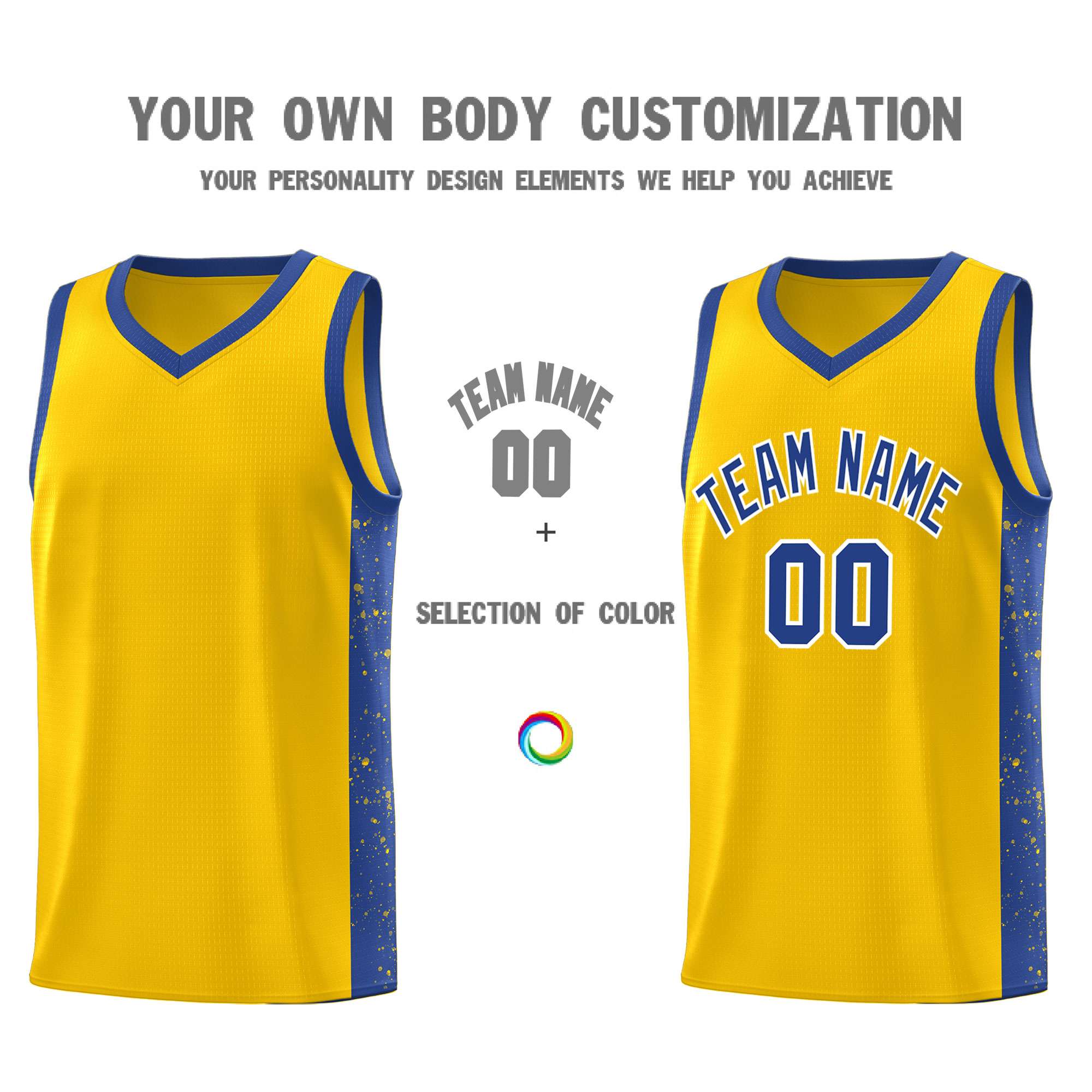 Custom Gold Royal-White Side Splash Sports Uniform Basketball Jersey