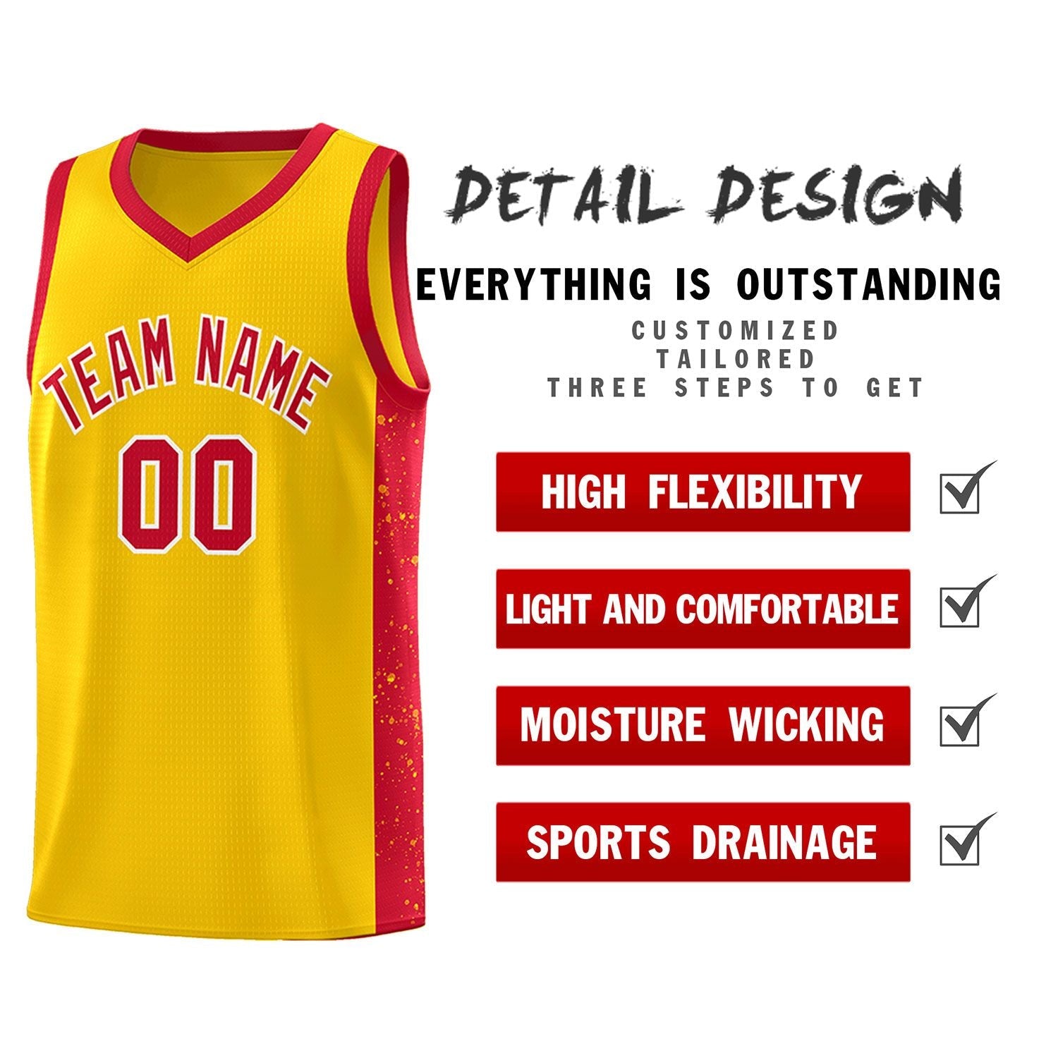 Custom Gold Red-White Side Splash Sports Uniform Basketball Jersey