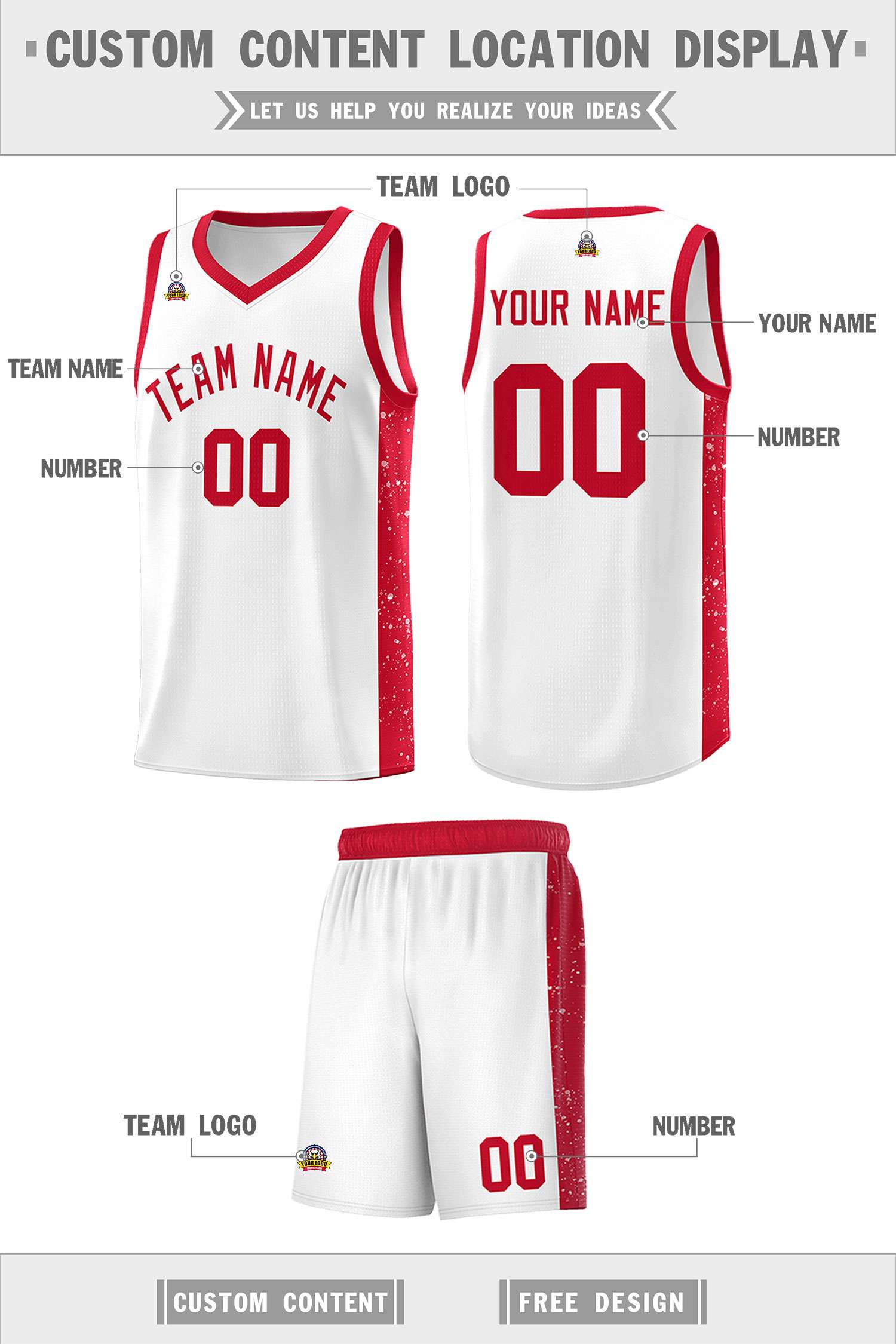 Custom White Red Side Splash Sports Uniform Basketball Jersey