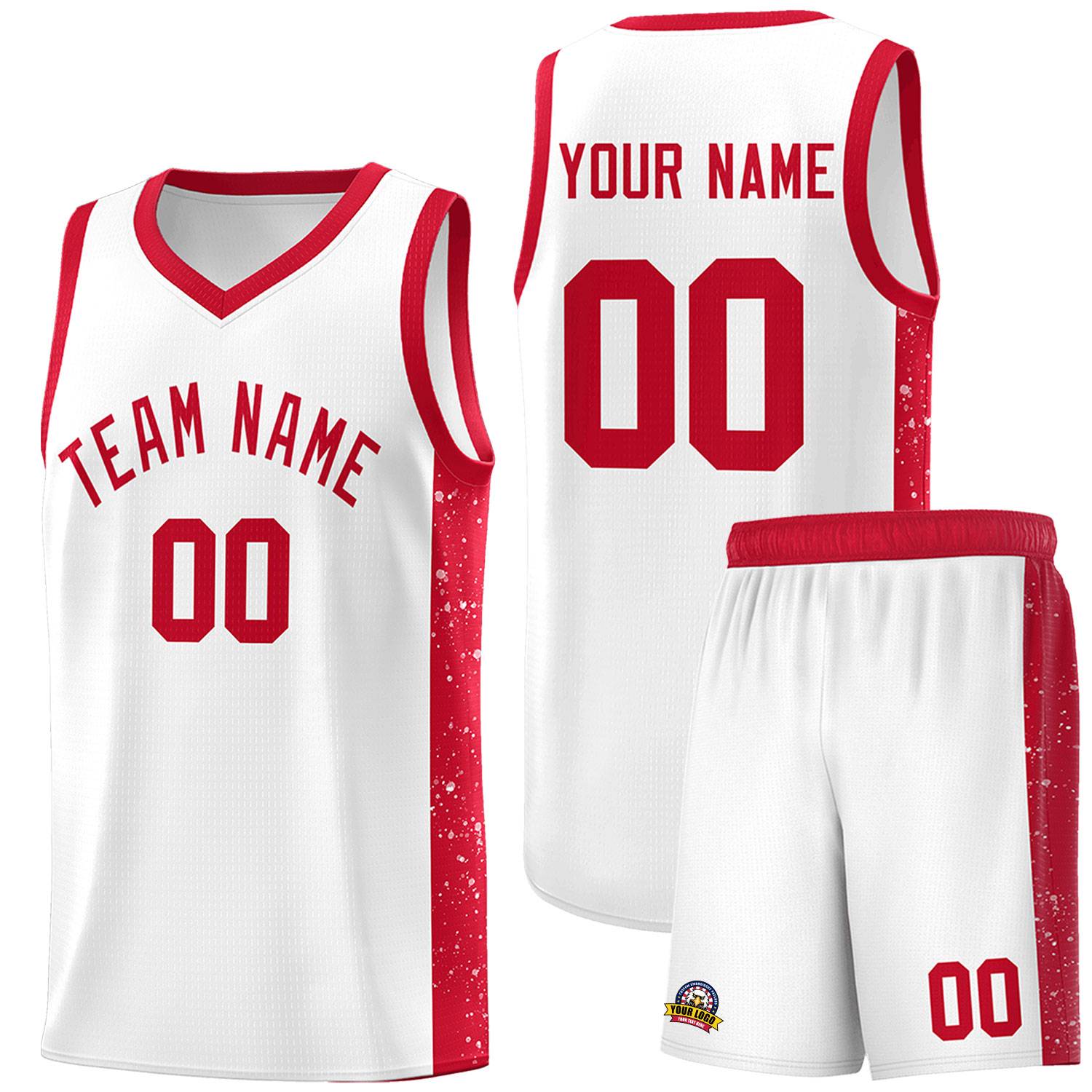 Custom White Red Side Splash Sports Uniform Basketball Jersey