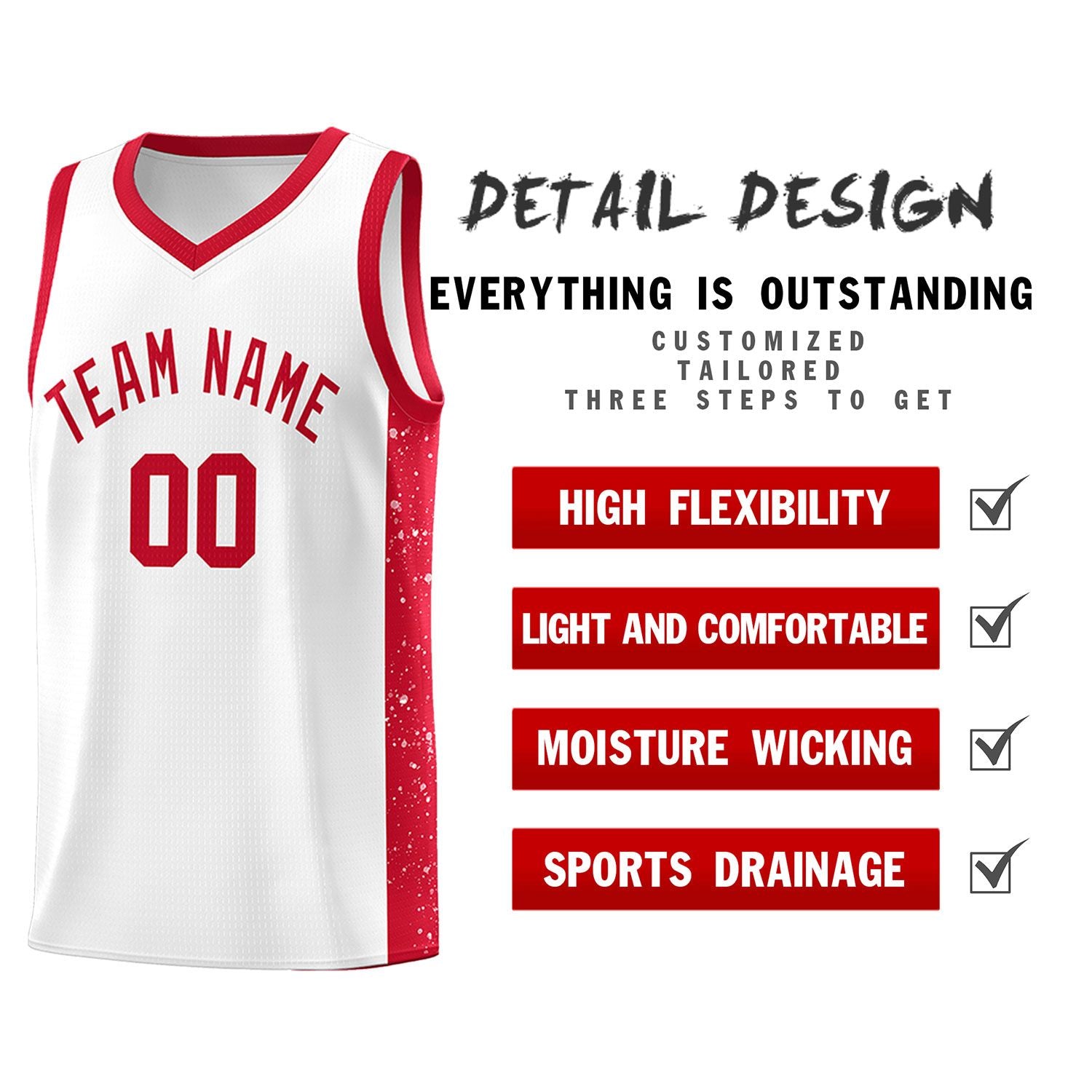 Custom White Red Side Splash Sports Uniform Basketball Jersey