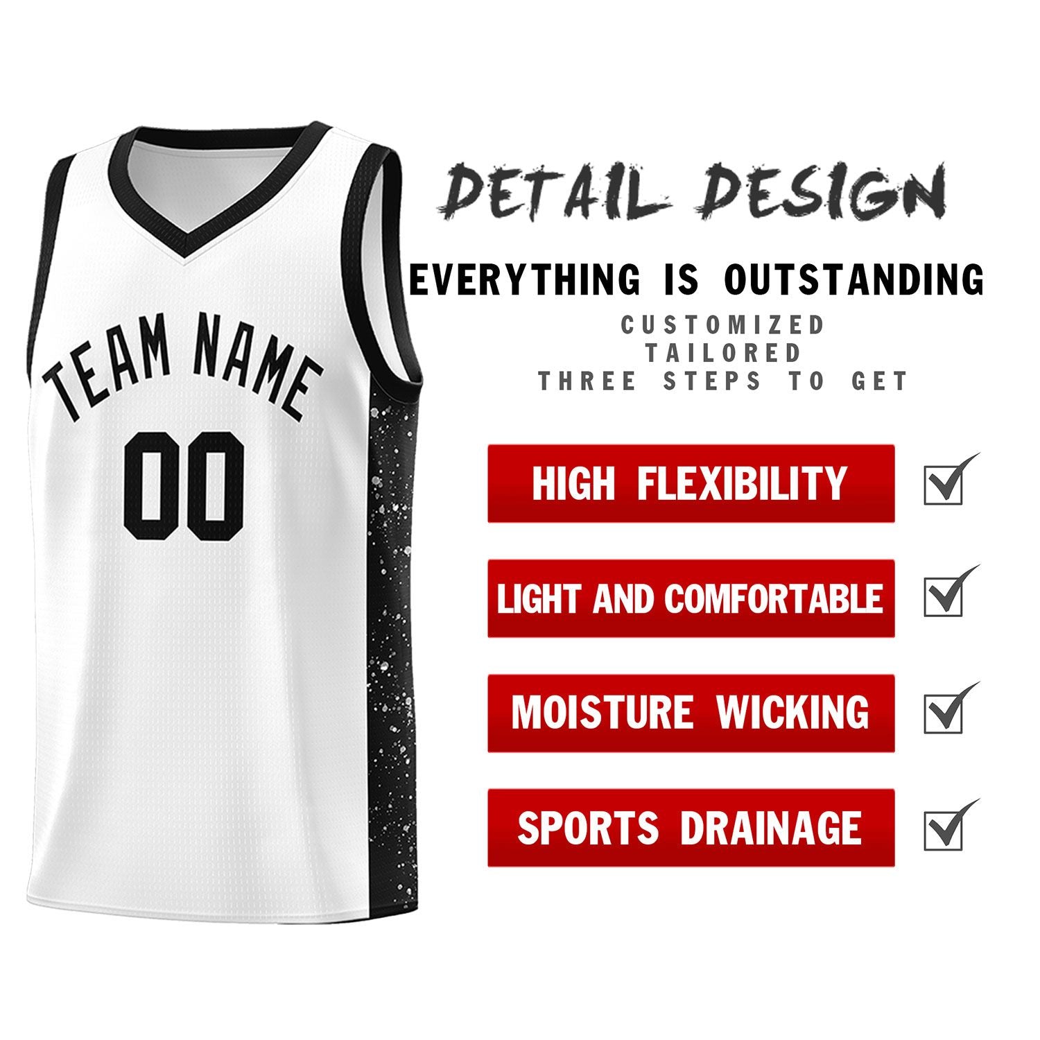 Custom White Black Side Splash Sports Uniform Basketball Jersey