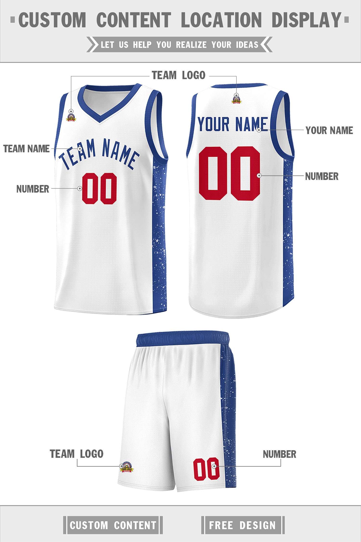 Custom White Royal Side Splash Sports Uniform Basketball Jersey