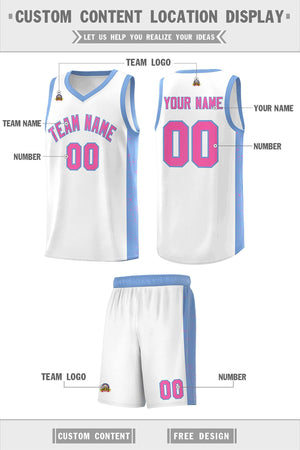 Custom White Pink-Light Blue Side Splash Sports Uniform Basketball Jersey