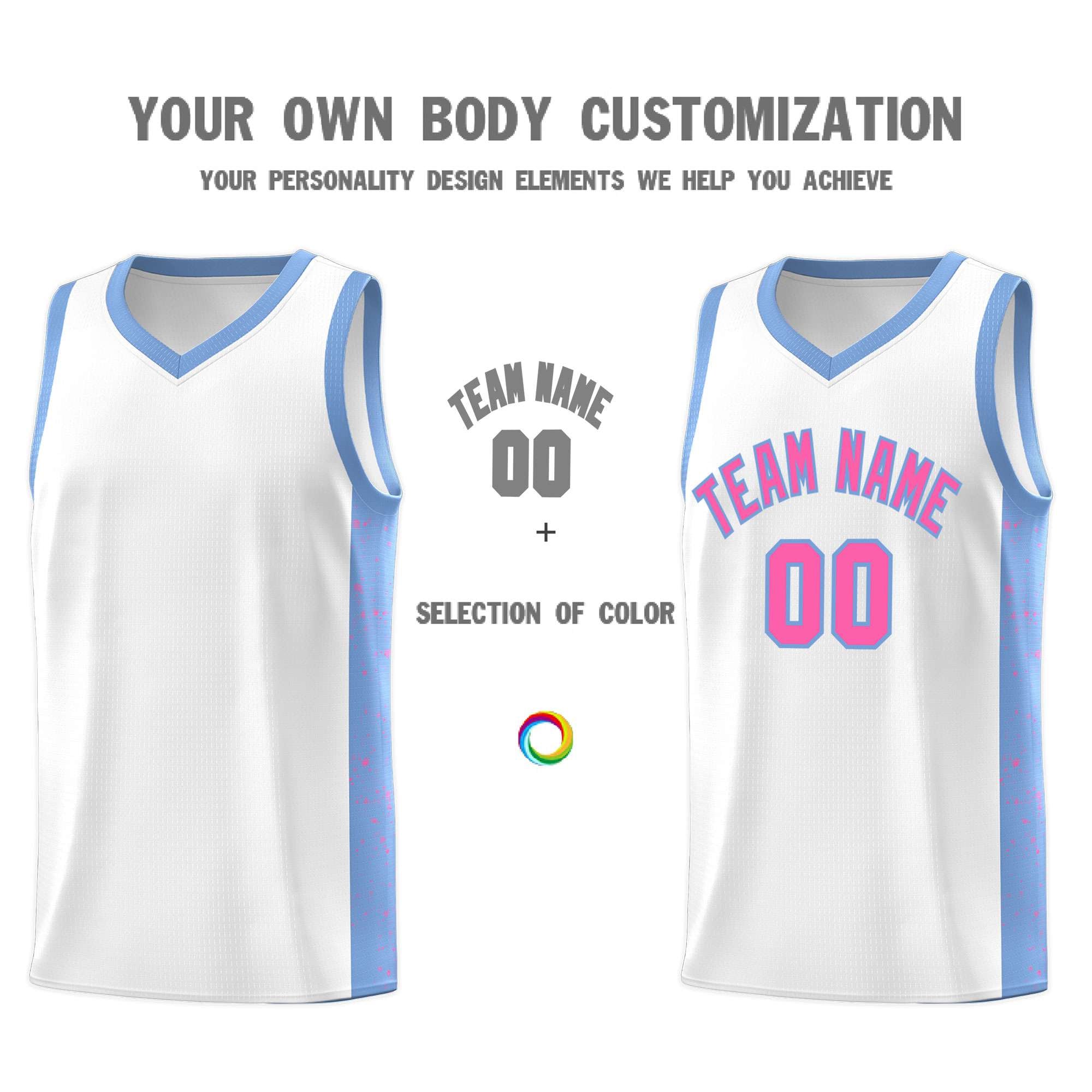 Custom White Pink-Light Blue Side Splash Sports Uniform Basketball Jersey