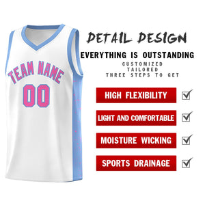 Custom White Pink-Light Blue Side Splash Sports Uniform Basketball Jersey