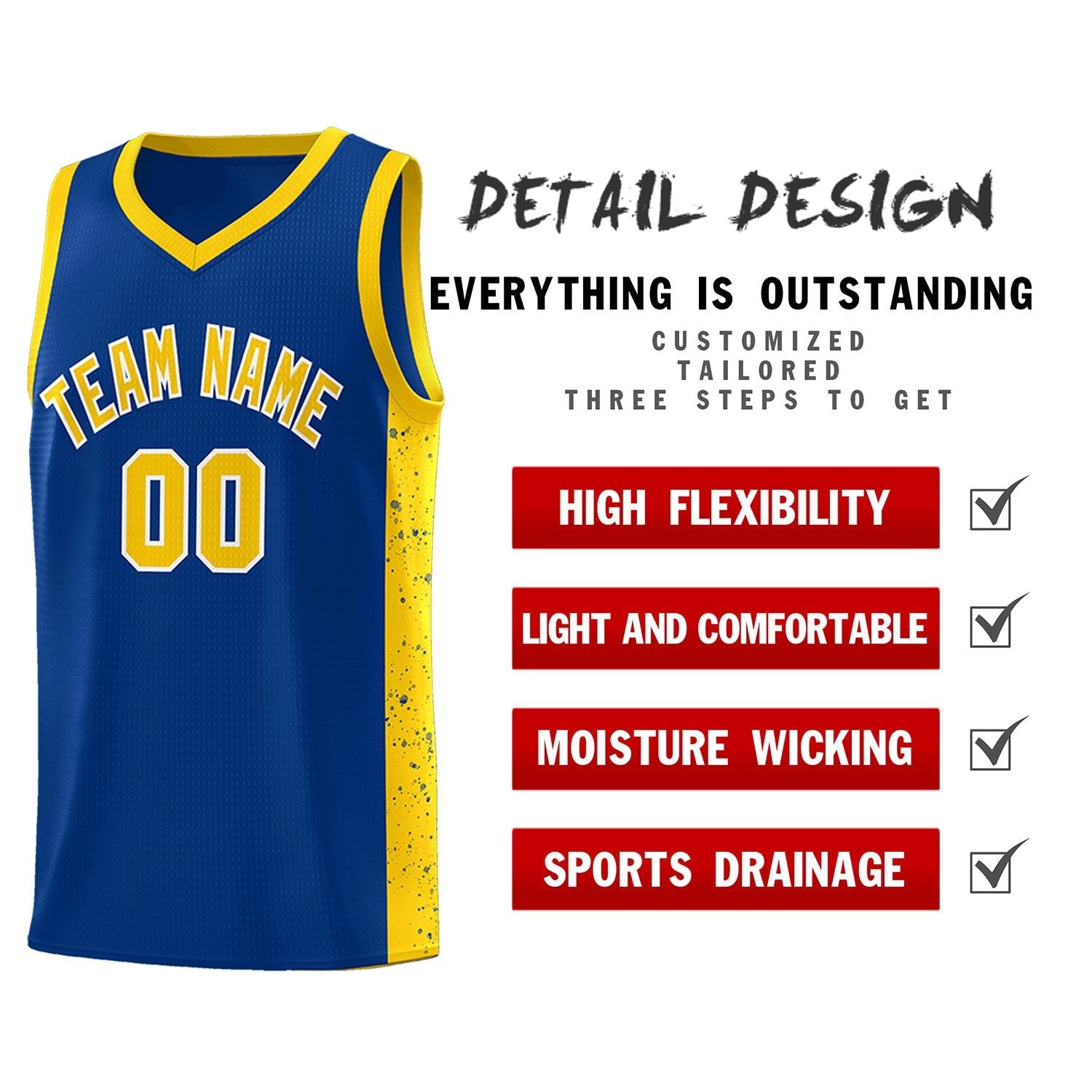 Custom Royal Gold-White Side Splash Sports Uniform Basketball Jersey