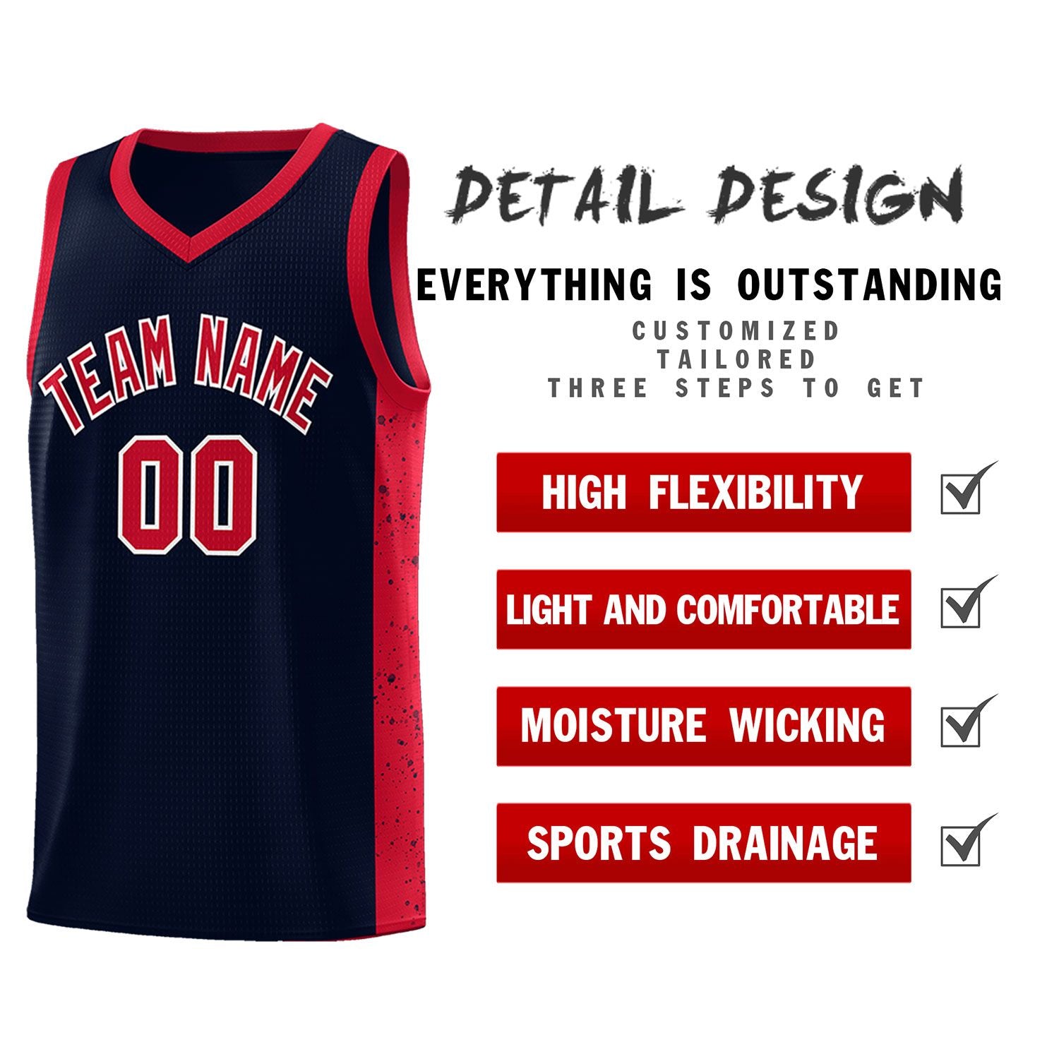 Custom Navy Red-White Side Splash Sports Uniform Basketball Jersey