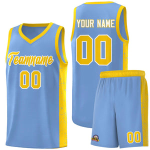 Custom Light Blue Gold-White Side Splash Sports Uniform Basketball Jersey