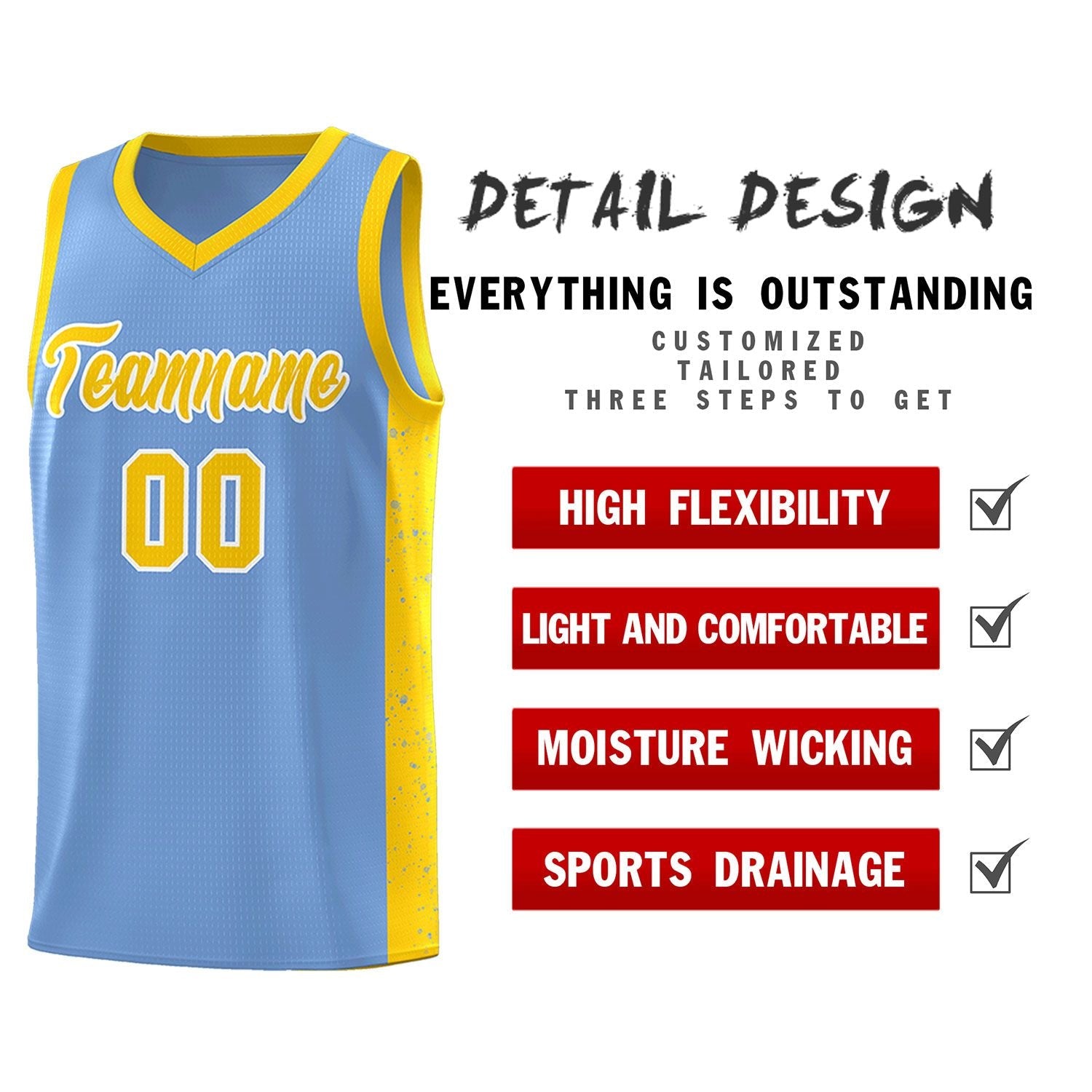 Custom Light Blue Gold-White Side Splash Sports Uniform Basketball Jersey