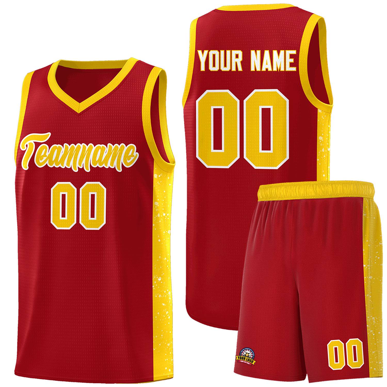 Custom Red Gold-White Side Splash Sports Uniform Basketball Jersey