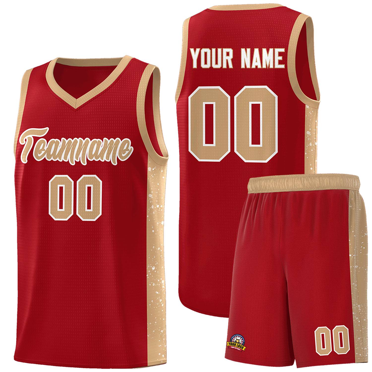 Custom Red Old Gold-White Side Splash Sports Uniform Basketball Jersey