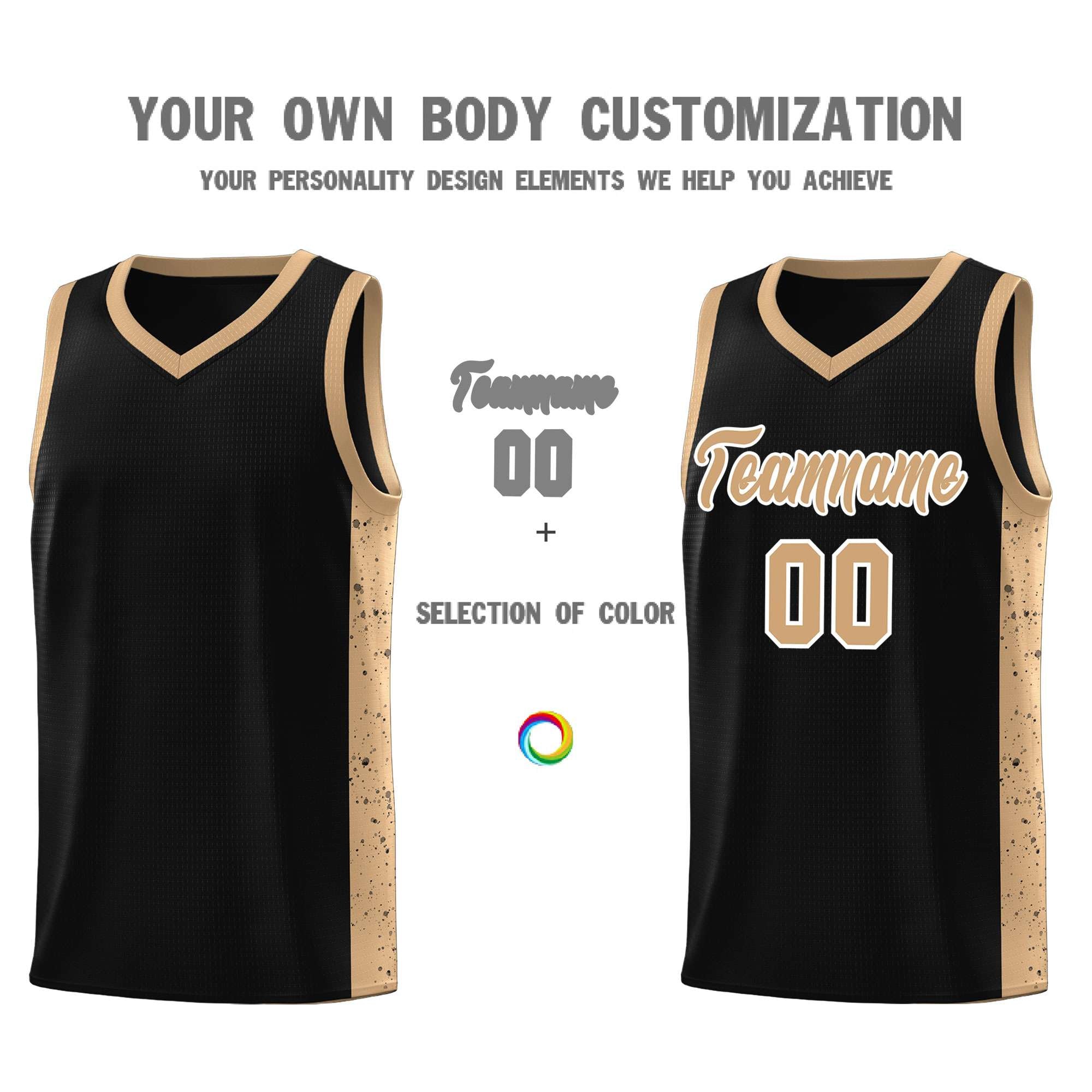 Custom Black Old Gold-White Side Splash Sports Uniform Basketball Jersey