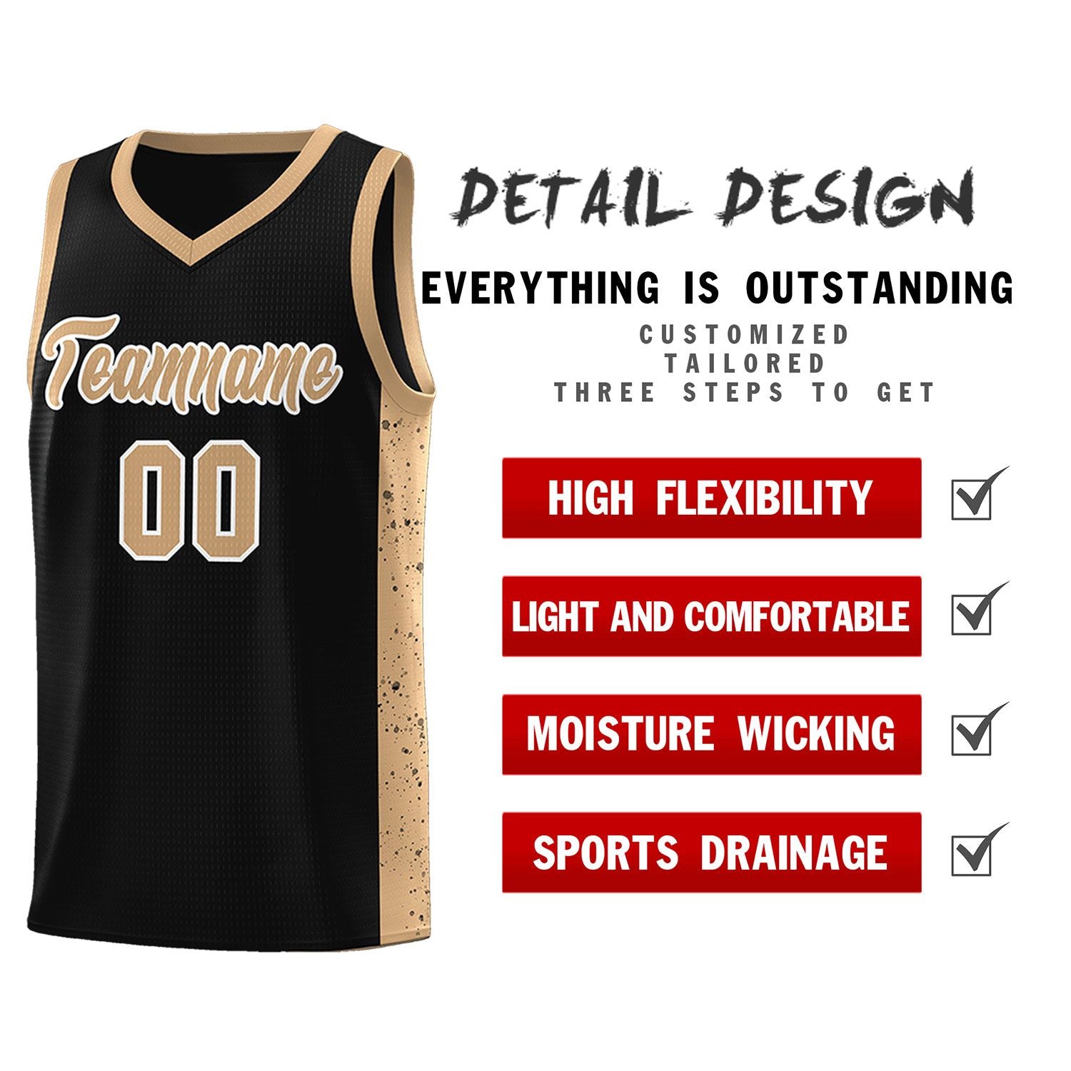 Custom Black Old Gold-White Side Splash Sports Uniform Basketball Jersey