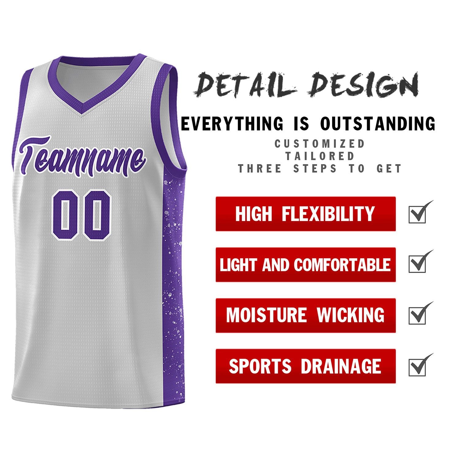 Custom Gray Purple-White Side Splash Sports Uniform Basketball Jersey