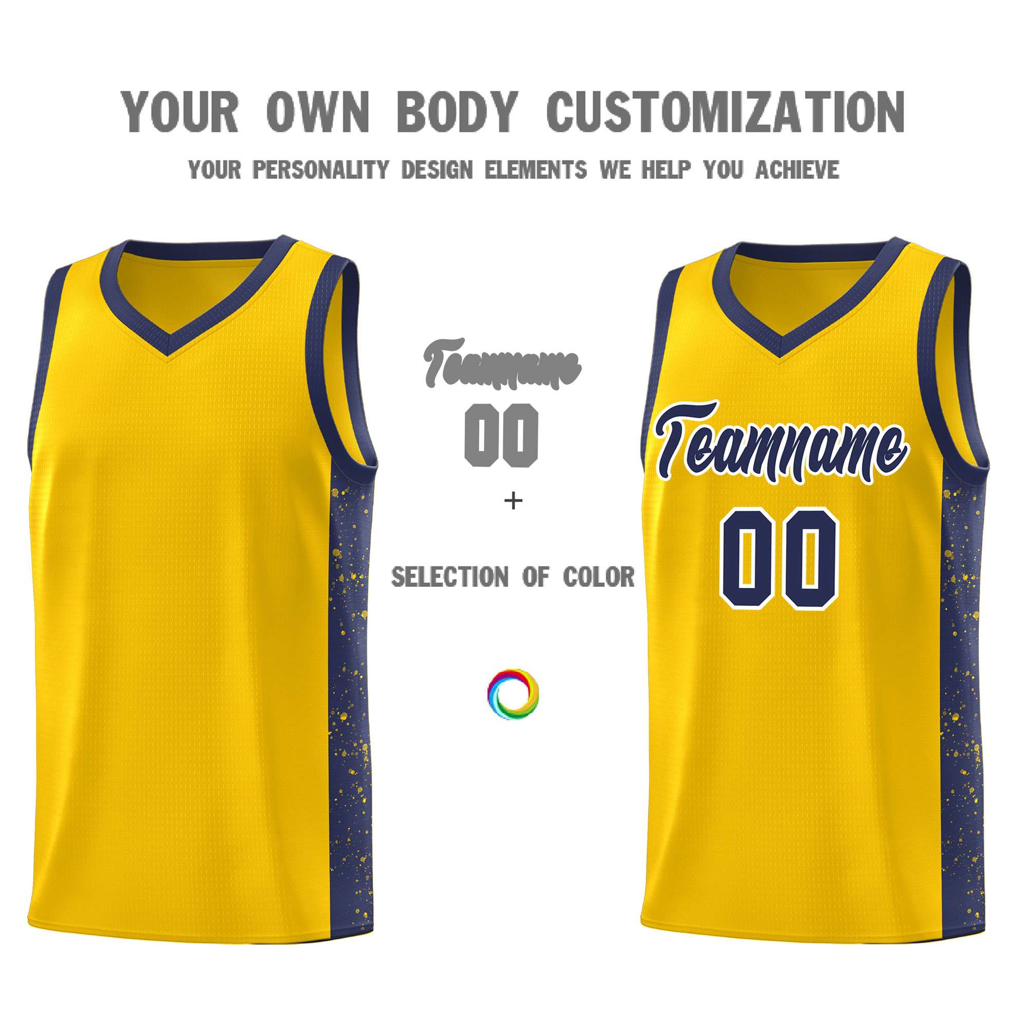 Custom Gold Navy-White Side Splash Sports Uniform Basketball Jersey