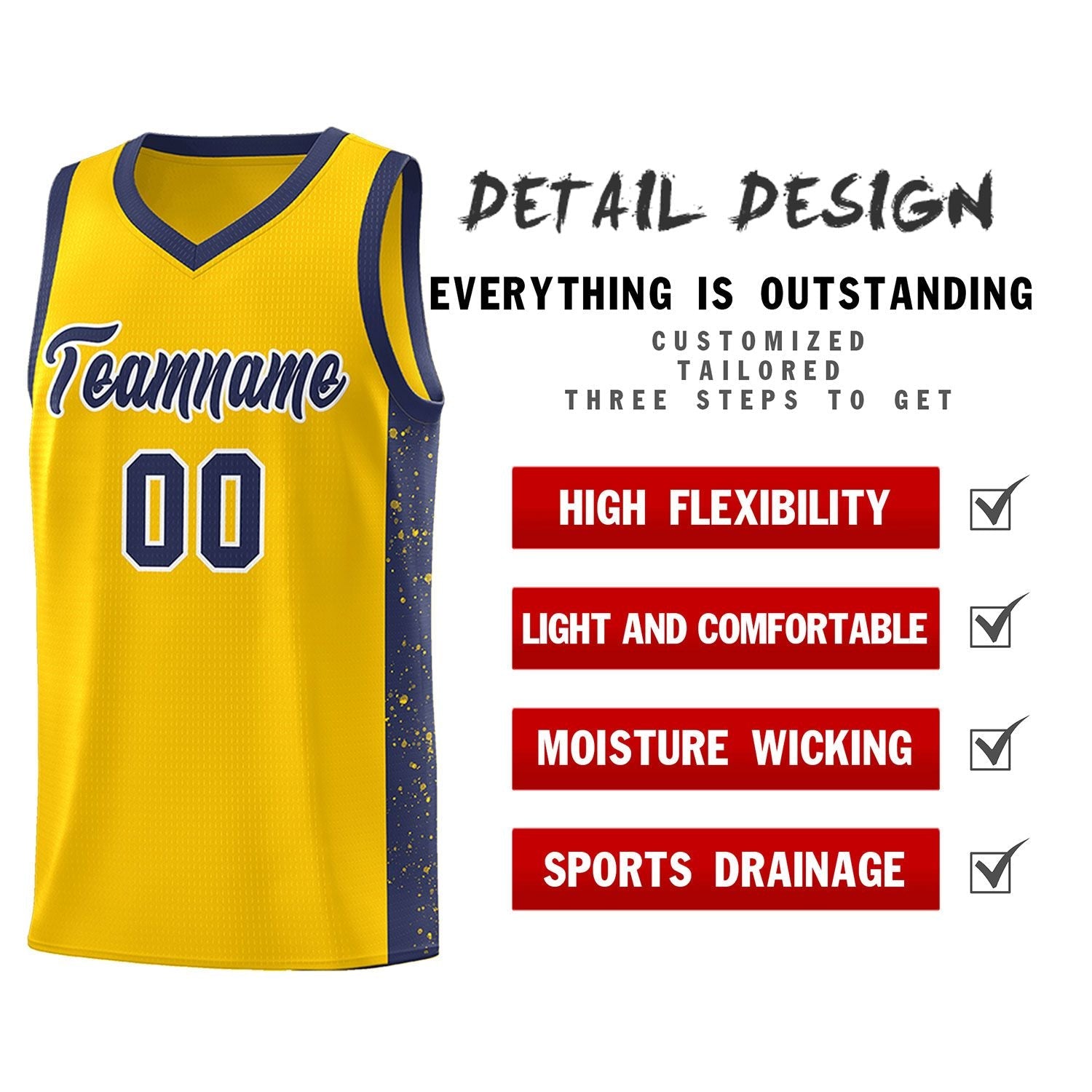 Custom Gold Navy-White Side Splash Sports Uniform Basketball Jersey