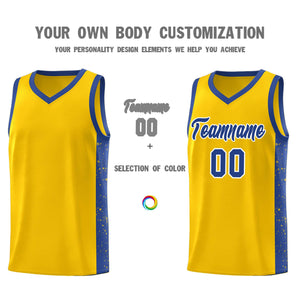 Custom Gold Royal-White Side Splash Sports Uniform Basketball Jersey