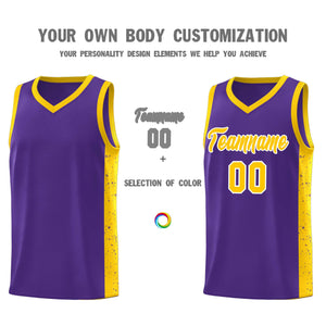 Custom Purple Gold-White Side Splash Sports Uniform Basketball Jersey