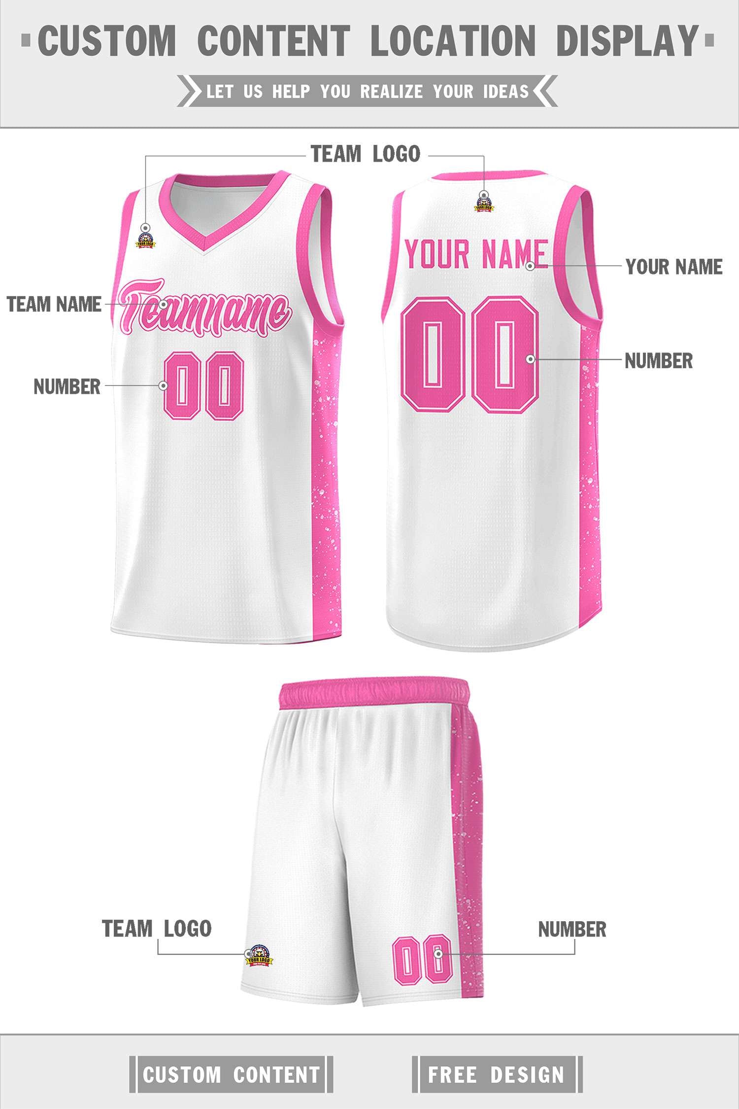 Custom White Pink Side Splash Sports Uniform Basketball Jersey