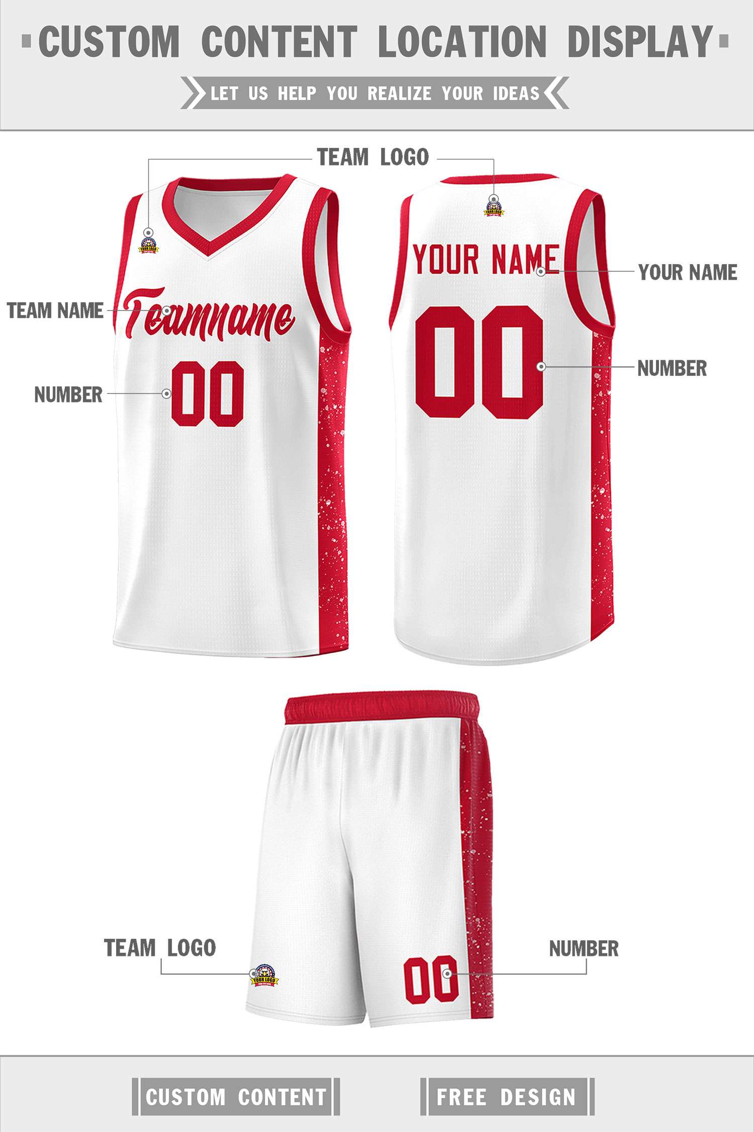 Custom White Red Side Splash Sports Uniform Basketball Jersey