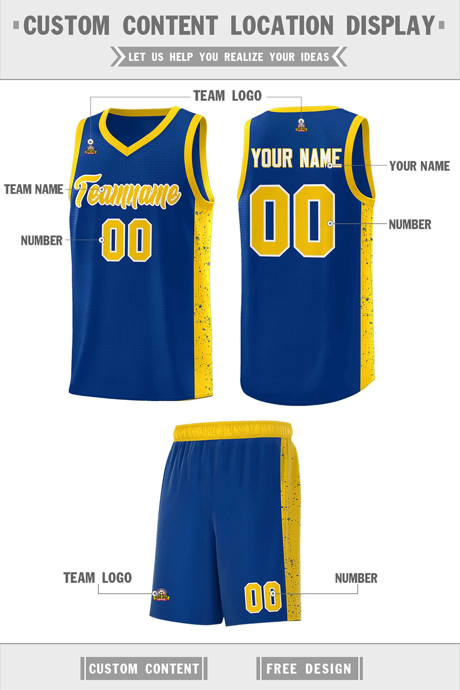 Custom Royal Gold-White Side Splash Sports Uniform Basketball Jersey