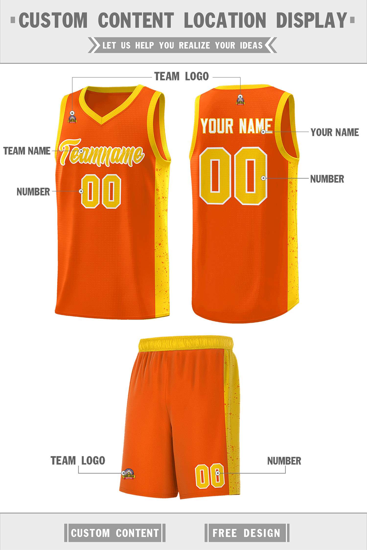 Custom Orange Gold-White Side Splash Sports Uniform Basketball Jersey