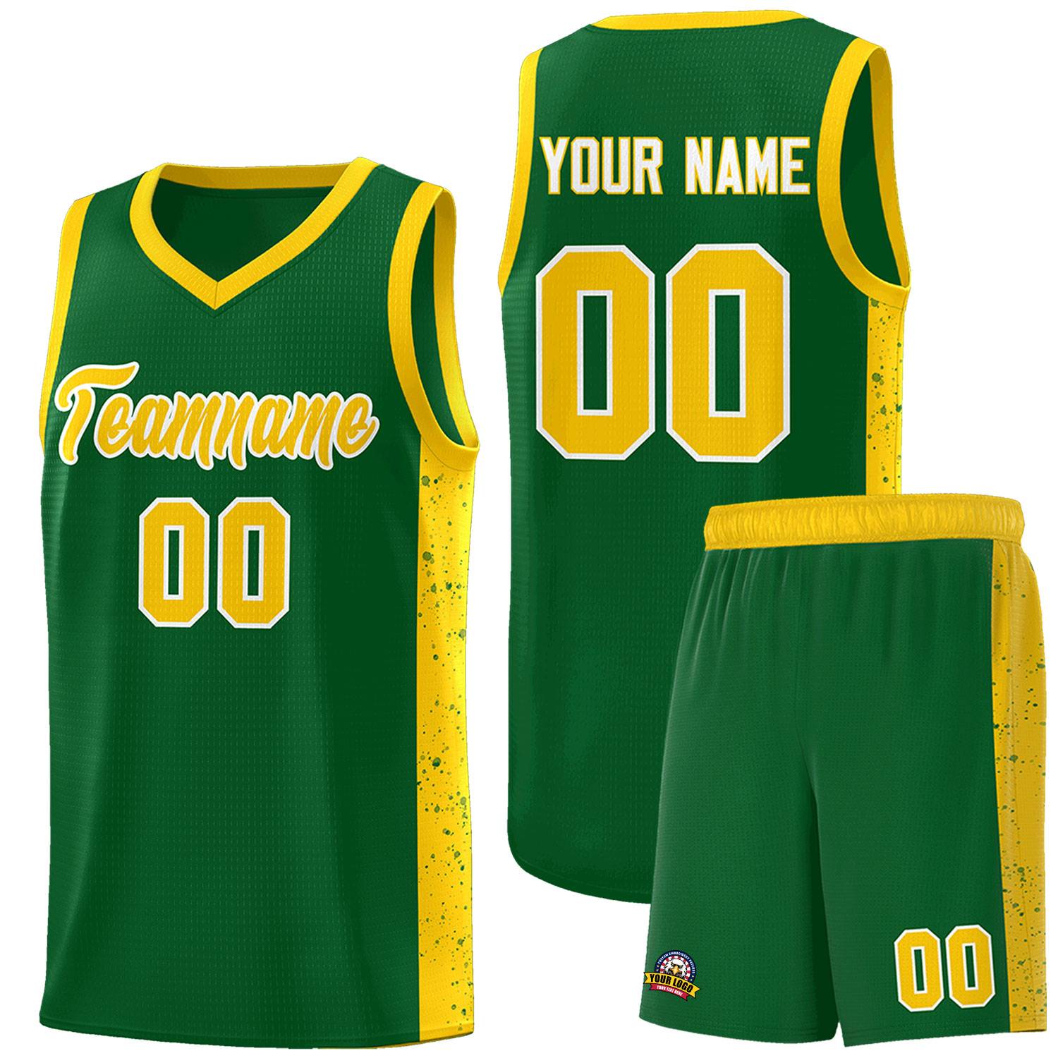 Custom Green Gold-White Side Splash Sports Uniform Basketball Jersey