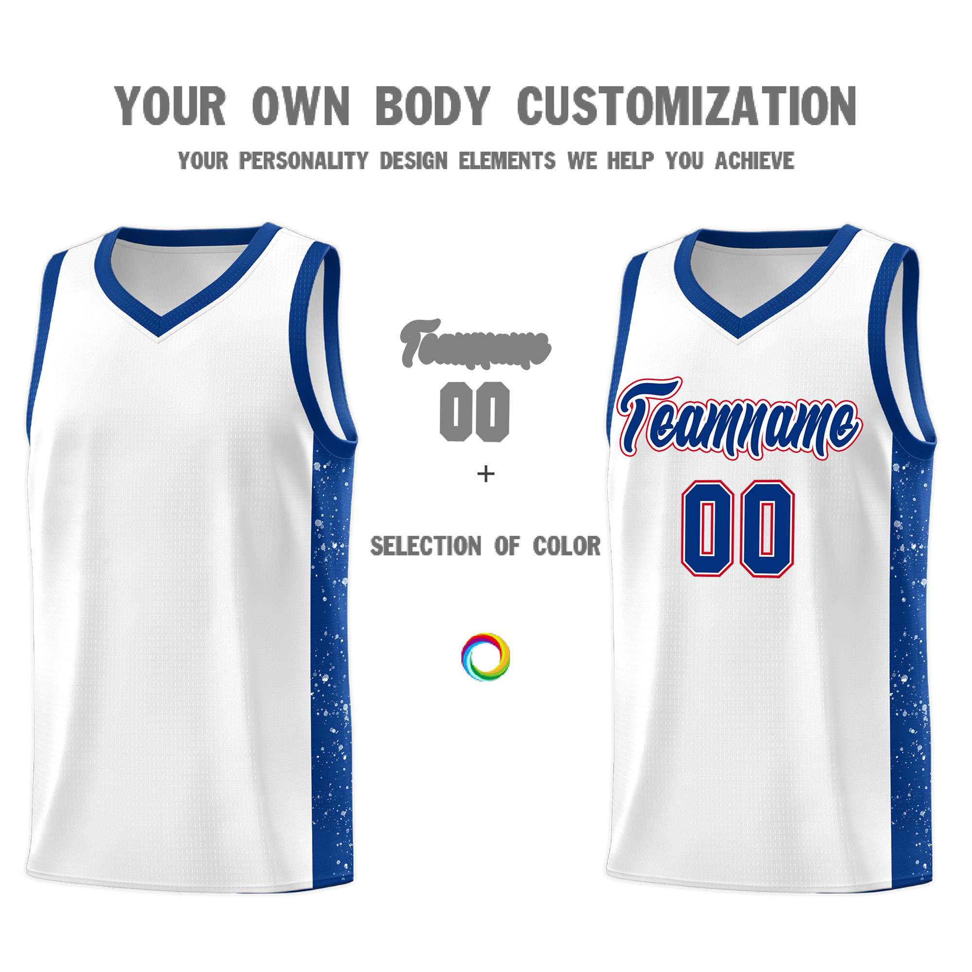 Custom White Royal Side Splash Sports Uniform Basketball Jersey