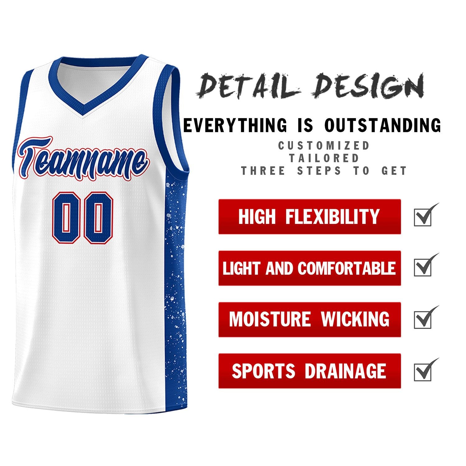 Custom White Royal Side Splash Sports Uniform Basketball Jersey